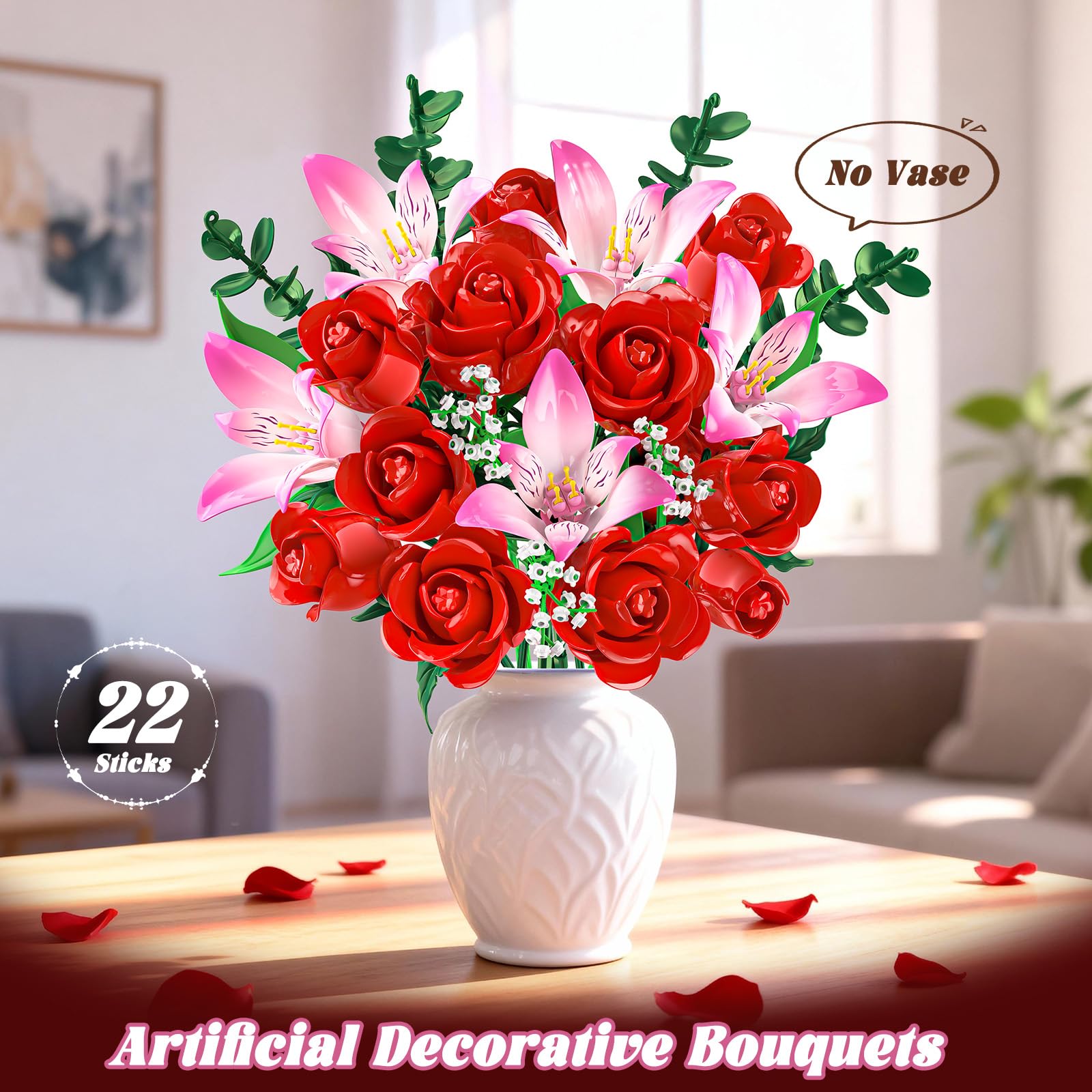 CUBIMANA Blumenstrauß Bausatz mit LED, 22 Rosen Sechsblättrige Blumen Set, 539 Teile Pflanzen Botanik Kollektion für Home Deko, Valentinstag Geburtstag Geschenk für Erwachsene/Frauen/Mama/Kinder 8+