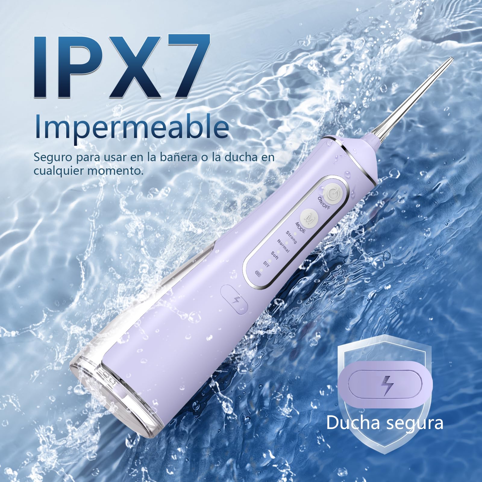 OasiSmile Irrigador Dental, 300ML Irrigador Bucal Profesional con Tecnología DIY Autoajustable, 5 Boquillas y 4 Modos, Para Ortodoncia y Encías Sensibles, Inalámbrico IPX7 para Viaje Hogar, Morado