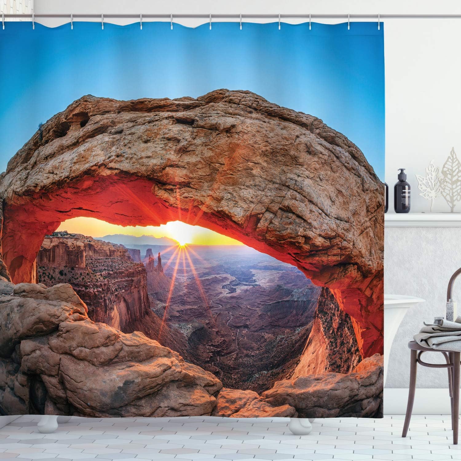 Ambesonne USA Shower Curtain, Famous Sunrise at Mesa Arch in Canyonlands National Park, Utah, USA, Cloth Fabric Bathroom Decor Set with Hooks, 69" W x 70" L, Pale Brown Sky Blue