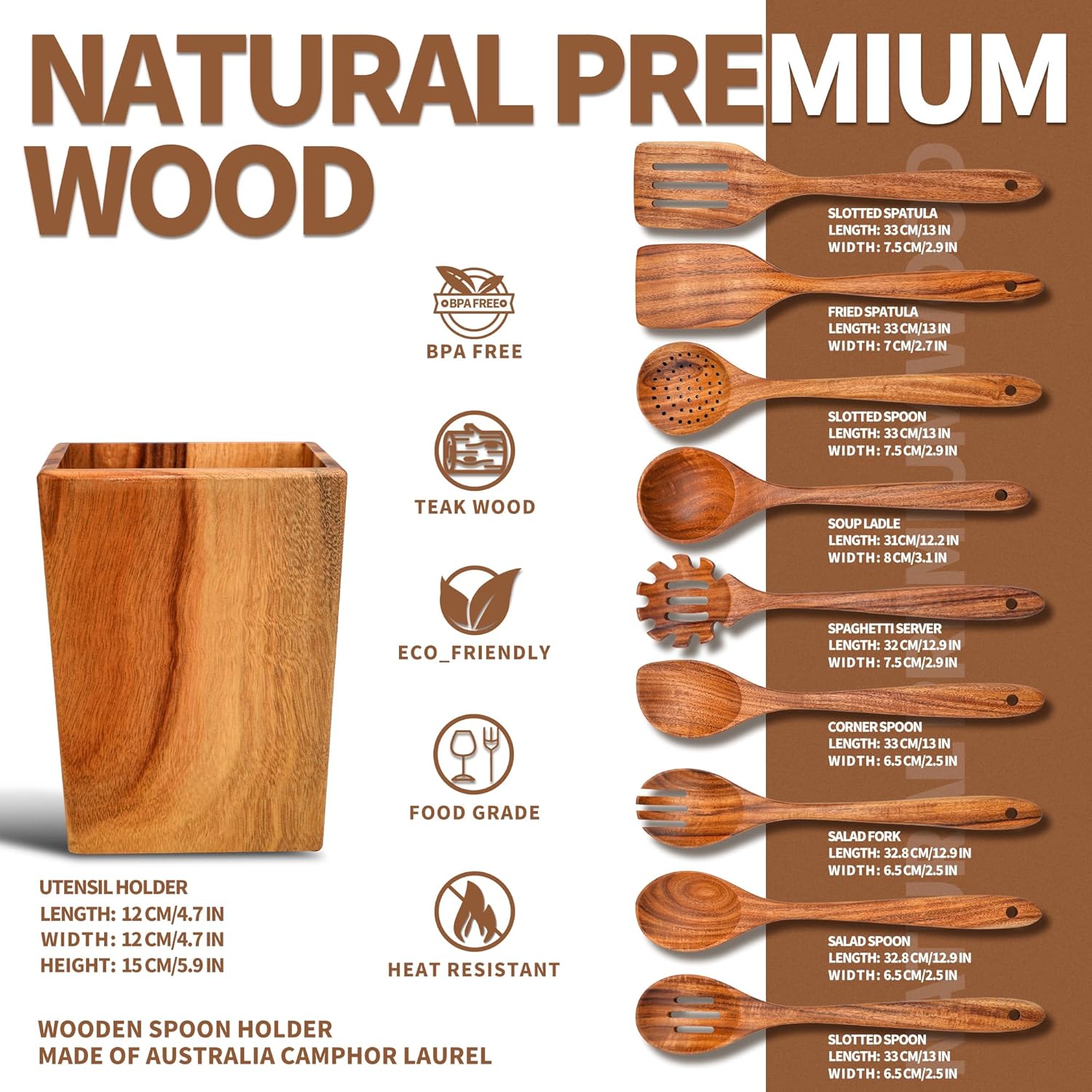 Gudamaye 13 inch Long Wooden Spoons for Cooking, 9 PCS Natural Teak Wooden Kitchen Utensil Set with Utensils Holder Made of Australia Camphor Laurel Wood,Wooden Utensils for Cooking - Image 2