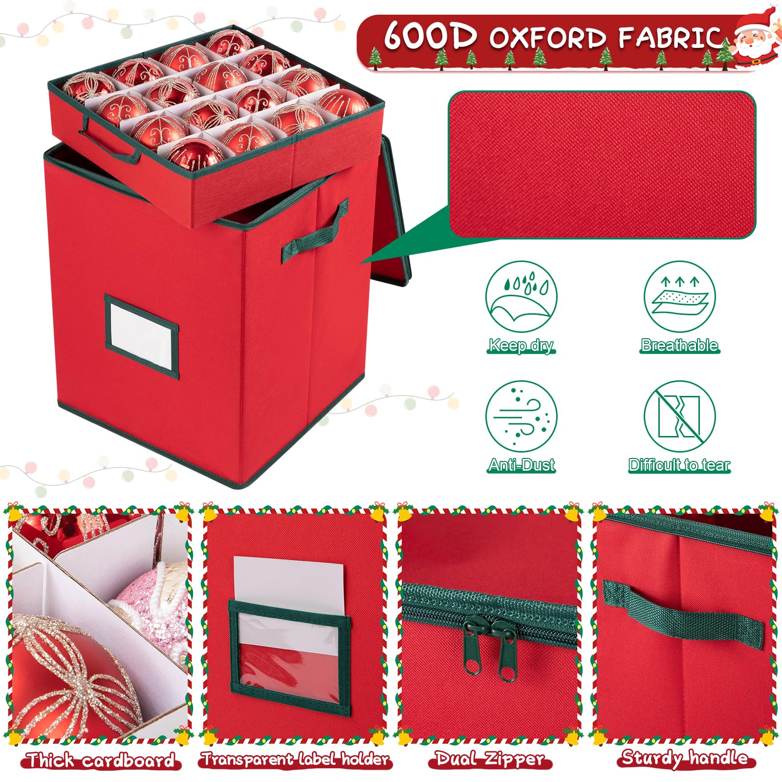 OIAHOMY Scatola portaoggetti per ornamenti natalizi con manico, scatole natalizie con 5 vassoi e cerniere, contiene 80 ornamenti, decorazioni natalizie in tessuto Oxford 600D, rosso