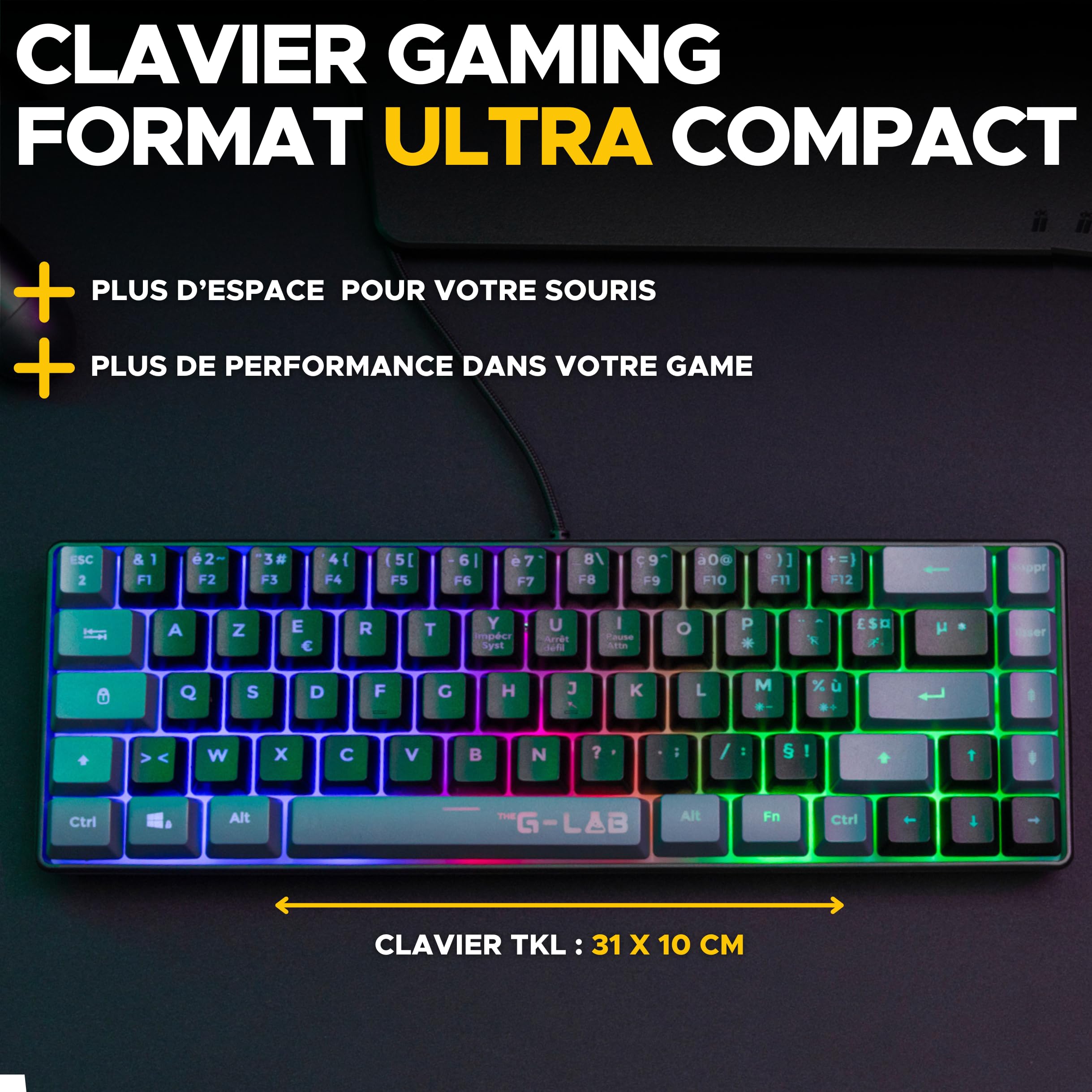 The G-Lab - Combo Hydrogen - Pack Clavier Souris Gamer, Clavier Gamer 65% Filaire, Rétroéclairage RGB, azerty, Format Compact + Souris Gaming RGB, 6 Boutons, 7200 DPI - PC/PS4/PS5 – Noir/Gris