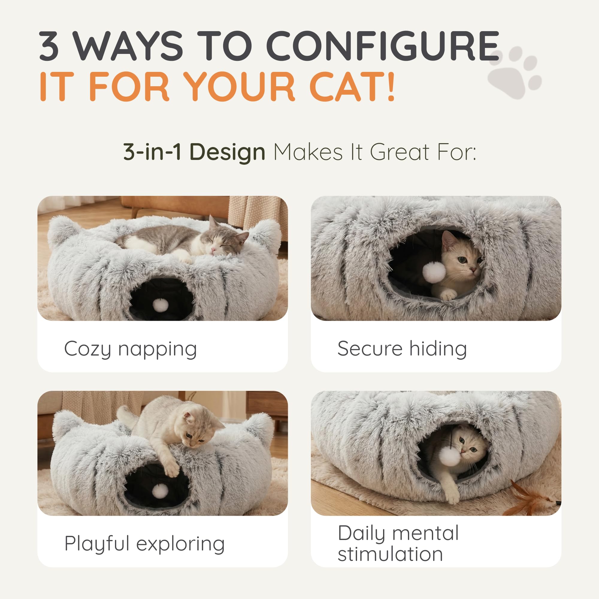 Cueva de cama para gatos con juguetes de hierba gatera, escondite para gatos Peekaboo y túnel de dona para gatos, túneles 3 en 1 para gatos de interior, cama plegable para gatos, lavable de