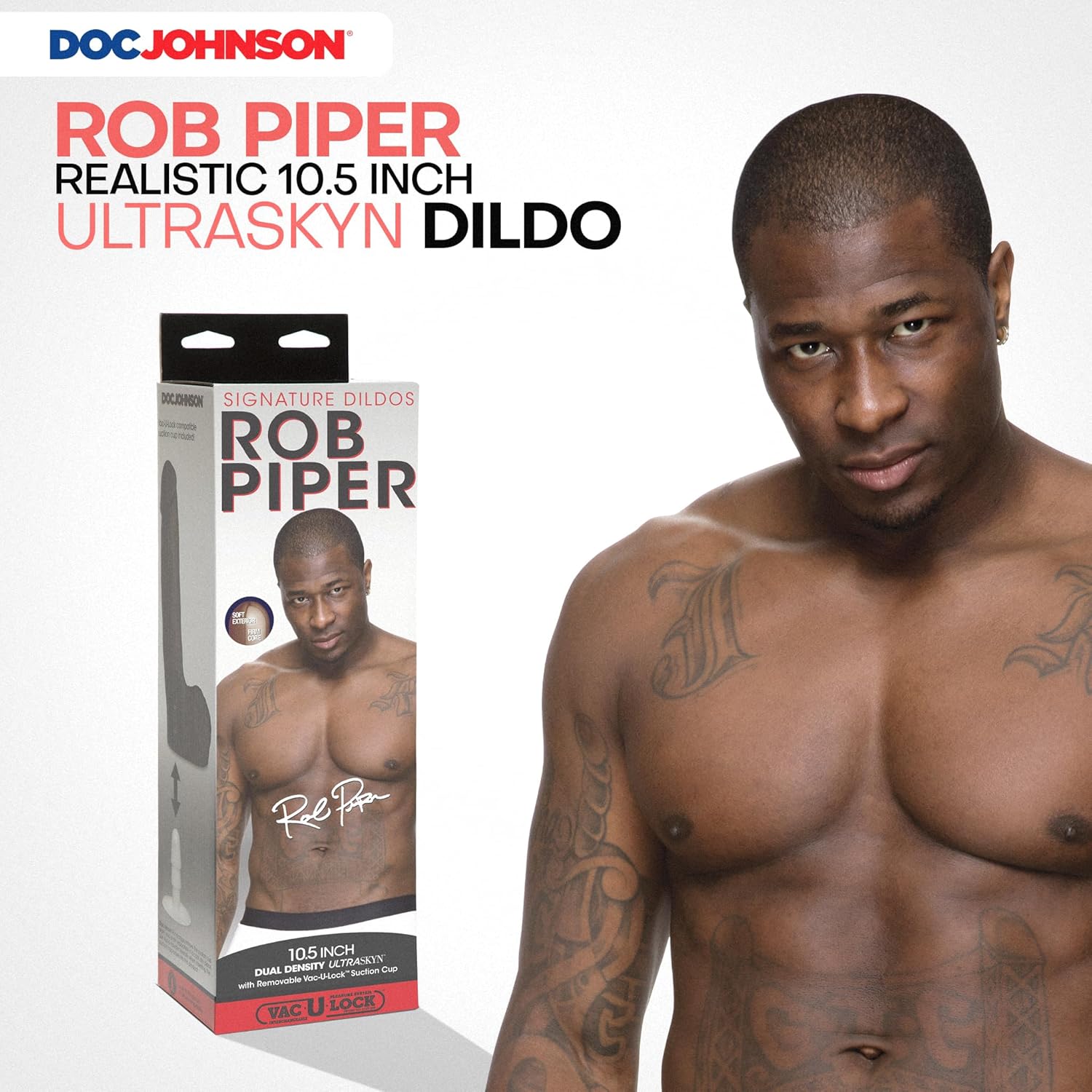 Doc Johnson Signature Series - Rob Piper - 10.5 Inch Realistic ULTRASKYN Dildo with Removable Vac-U-Lock Suction Cup - F-Machine & Harness Compatible - for Adults Only, Chocolate