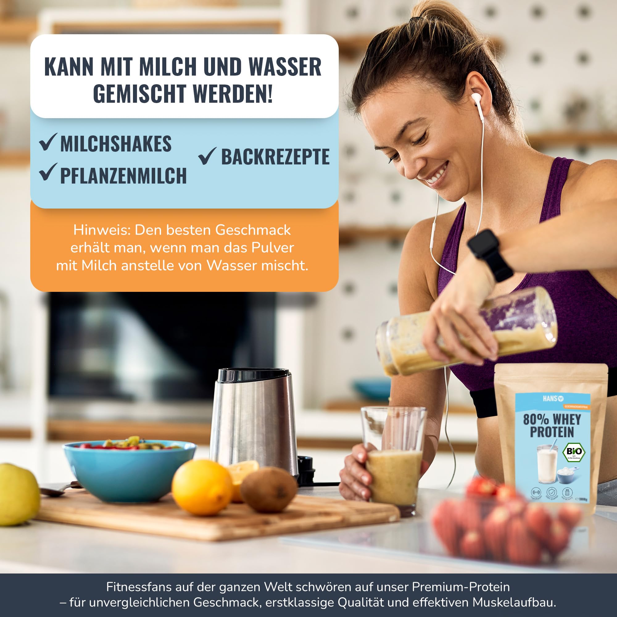 HANS Brainfood 80% Bio Whey Protein Pulver Neutral 1kg von Kühen aus Bayern ohne Zuckerzusatz - Eiweißpulver, Whey, Eiweiss Protein Pulver - 100% reines Bio Molke-Protein