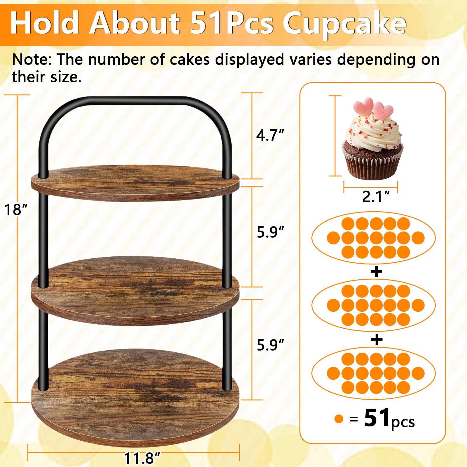 2Pcs KuchenstäNder Aus Holz, 3-Etage KuchenstäNder FüR 100 Cupcakes, GroßEr Runder KuchenstäNder Aus Holz mit Metallgriff, Geeignet Für Den Nachmittagstee, Hochzeiten, Party