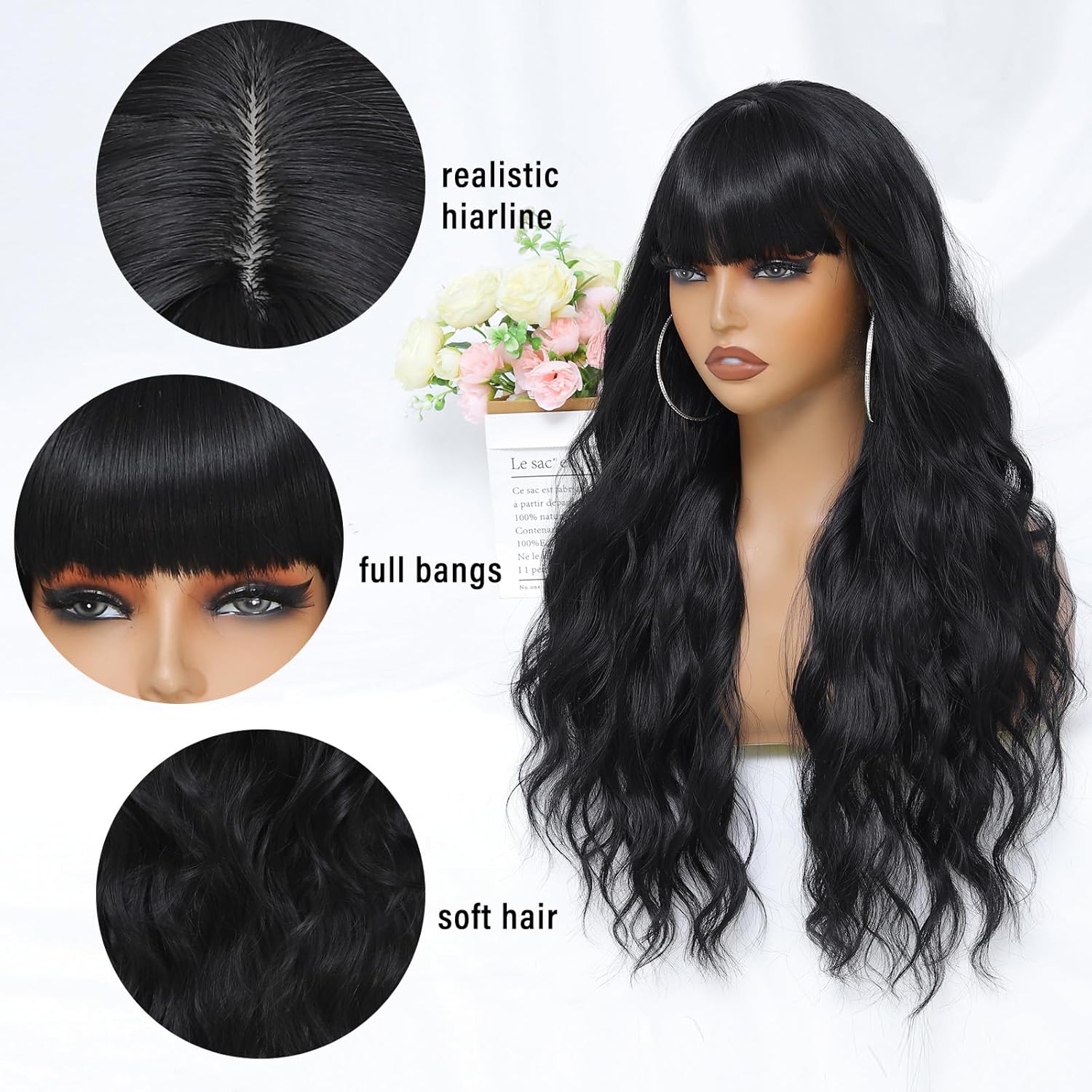 Black Wig with Bangs for Women 26 Inch Long Wavy Black Wigs Synthetic Heat Resistant Wig for Daily Party Use - Image 4