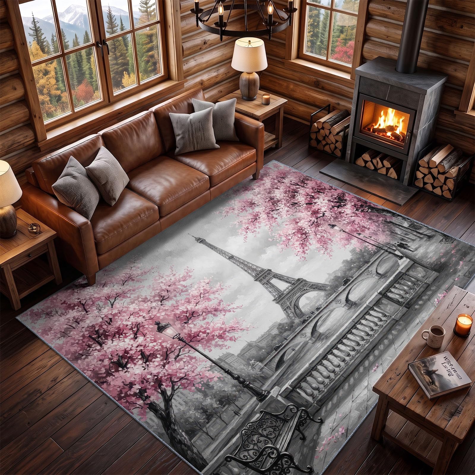 Paris Romantique Tapis de Salon, Rose Gris Lavable en Machine Tapis Flanelle Douce, Tour Eiffel Poil Ras Antidérapant 160 x 230 cm Enfants Tapis Décor À La Maison pour Salle à Manger Chambre Canapé