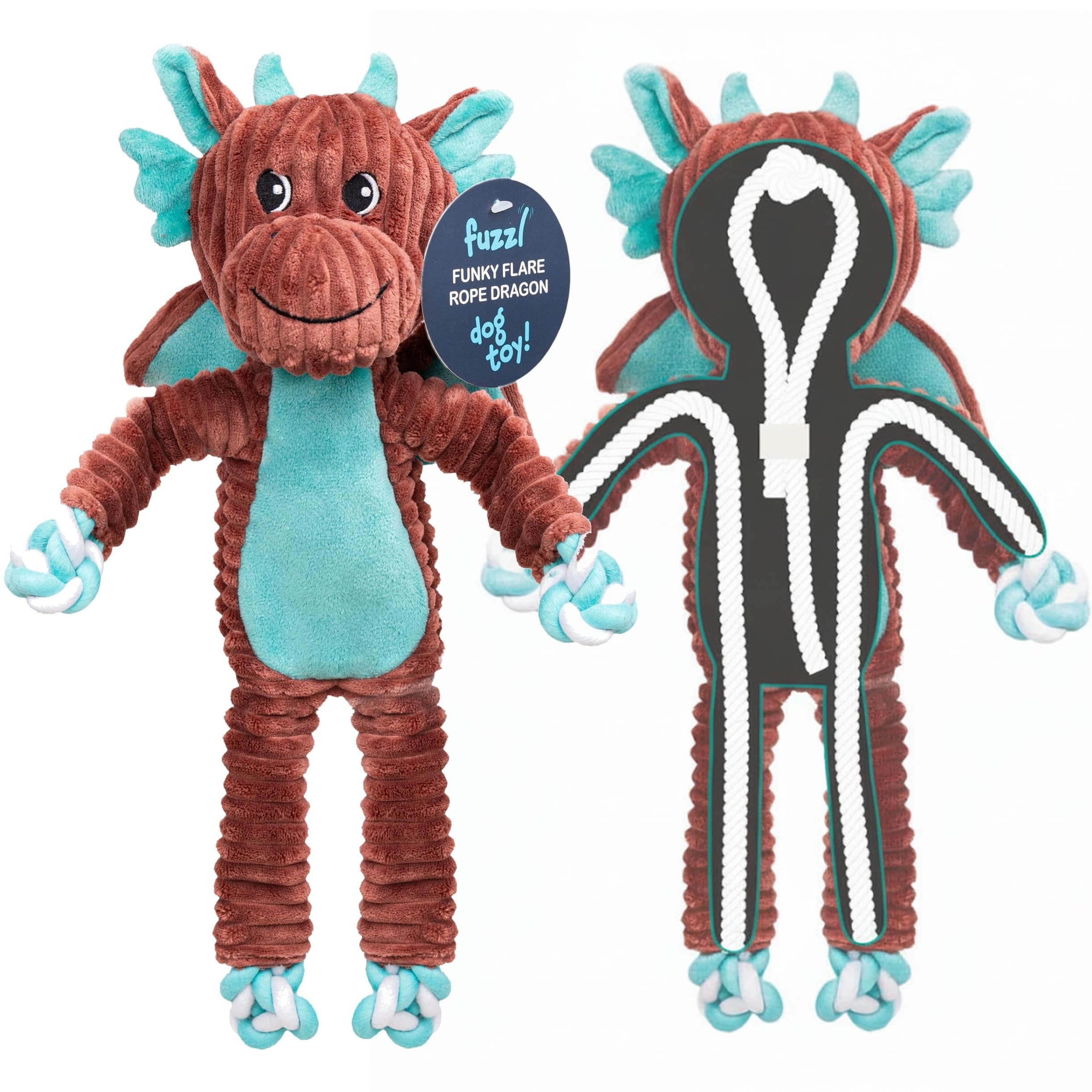 Fuzzl Funky Flare Rope ExoSkeleton Dragon Dog Toy – Durable Knotted Rope with Squeaker & Textures, Minimal Stuffing Plush Dragon for Less Mess, Interactive Dog Toy