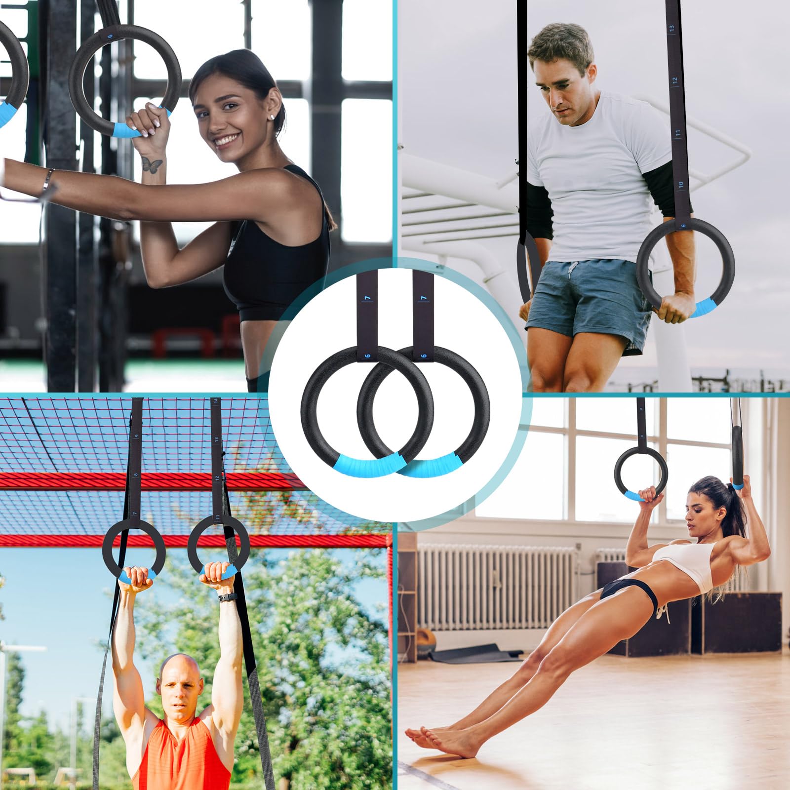 MOCOBO Turnringe, Ringe Turnen, Gym Rings, Calisthenics Ringe, Fitness, ABS Gymnastikringe mit Hochfeste Polyester-Gurtbänder, Blaues Griffband, Zinklegierungs-Schnallen für Indoor & Outdoor Training