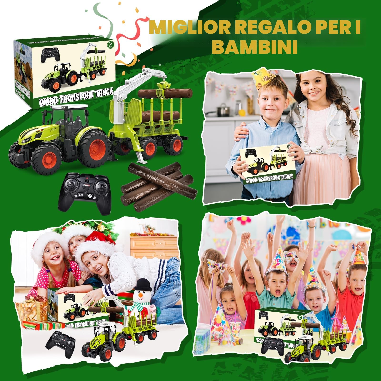 Aragallant RC Trattore Telecomandato per Bambini, Set di Trattore Radiocomandato - con Rimorchio Giocattolo, 2.4Ghz Telecomandato, Pinza e 3 Legname, Giocattoli per Bambini di 3, 4, 5, 6, 7 Anni