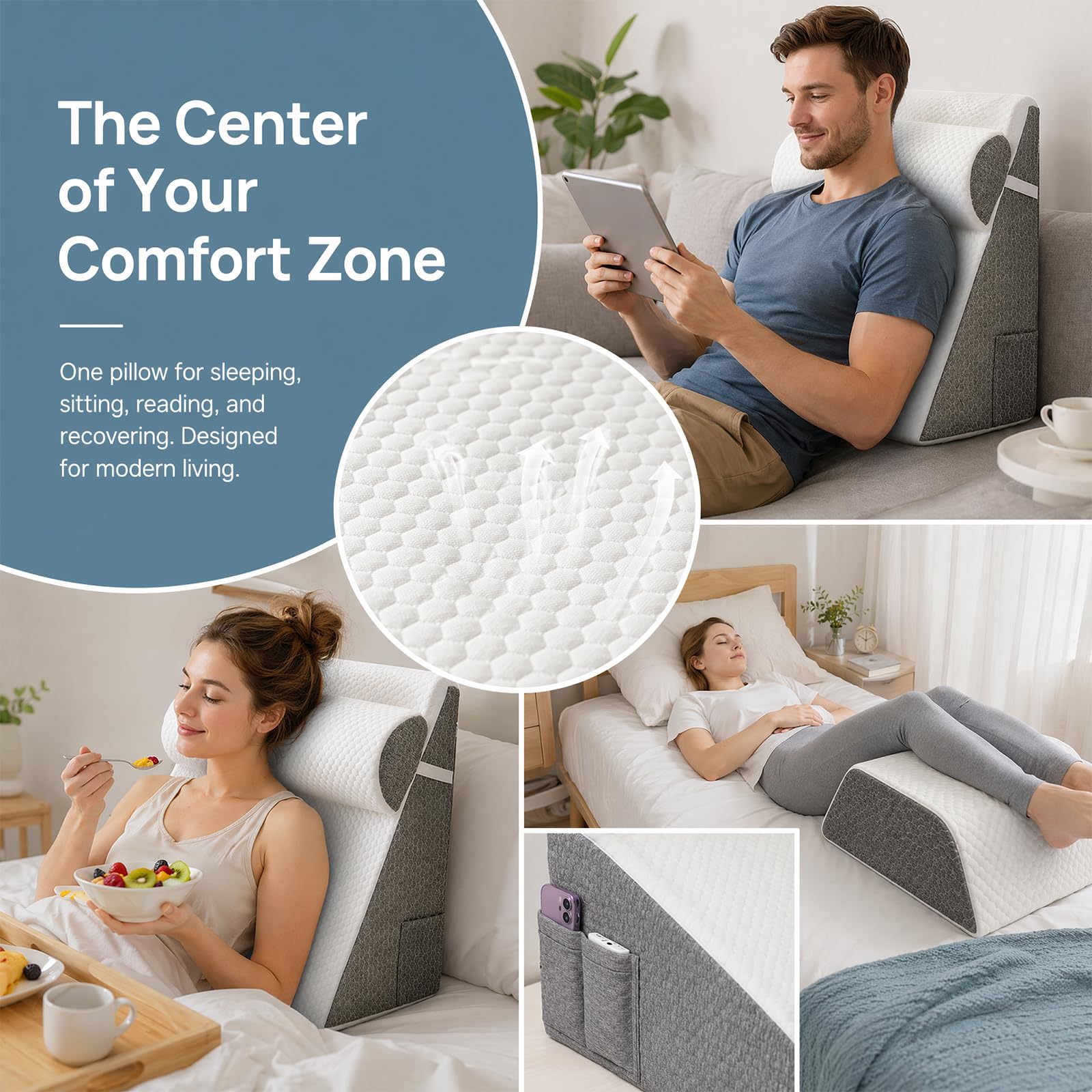 Cuscino inclinabile con angolazione regolabile,3-in-1 multifunzionale per letto e schiena, Cuscino triangolare ortopedico in memory foam