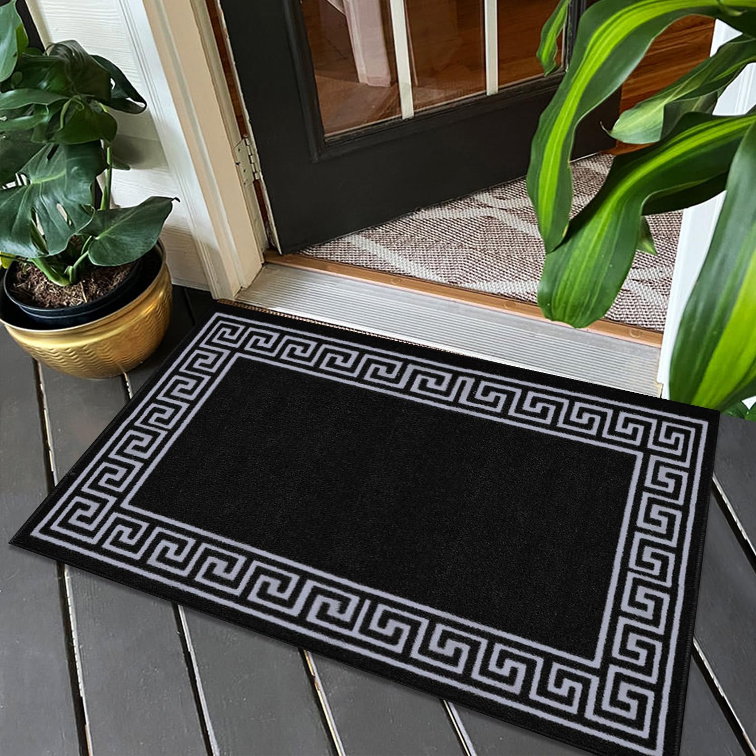 Fit Even Greeky Door Mat – Non-Slip Washable Doormat, Heavy Duty Welcome Dirt Trapper, Water Absorbent Floor Mat for Indoor/Outdoor Use, Front Entrance, and Kitchen (Black & Grey, 50x80 cm)