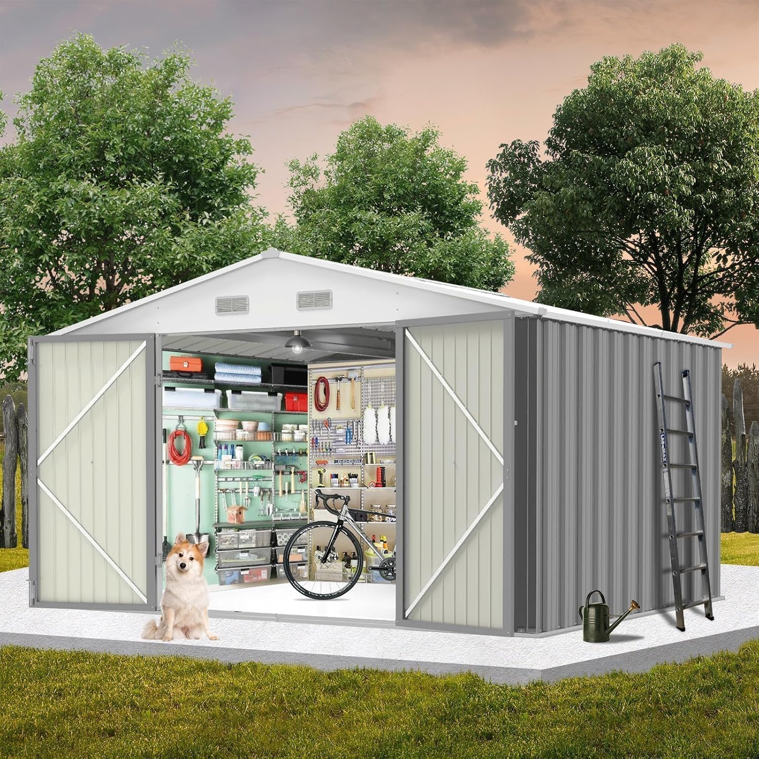 Photo 1 of 10X8FT Metal Storage Shed - Large Waterproof Tool Metal Shed with Lockable Doors & Vents, All-Weather Outdoor Sheds for Lawn Mower, Bike