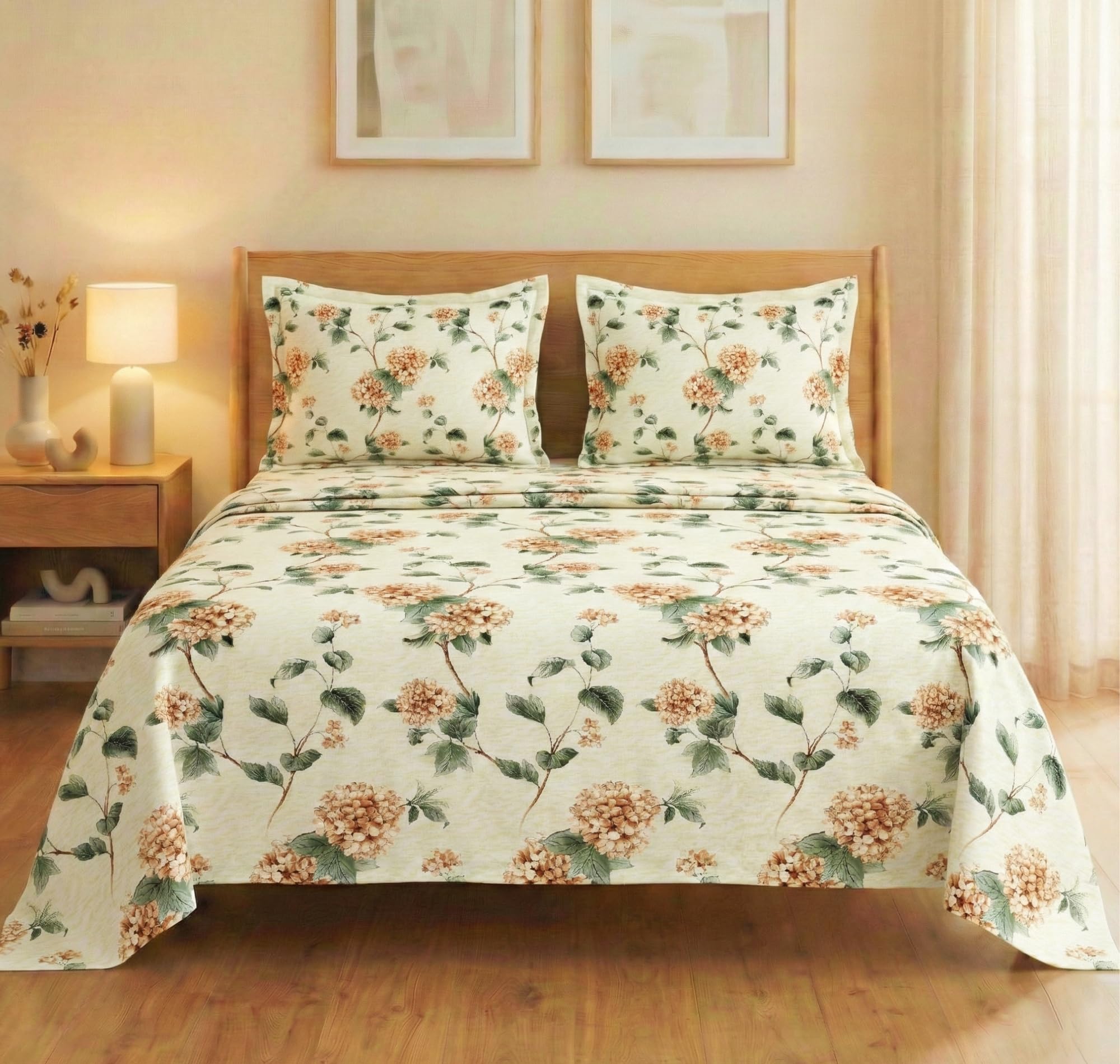 BSB HOME Cloud Cotton King Size Bedsheet Set 228 x 254 cm, 220 Thread Count Soft & Breathable Cotton Bedsheet with 2 Pillow Covers, Floral Printed Bedding for Home (Warm Beige)-image-29
