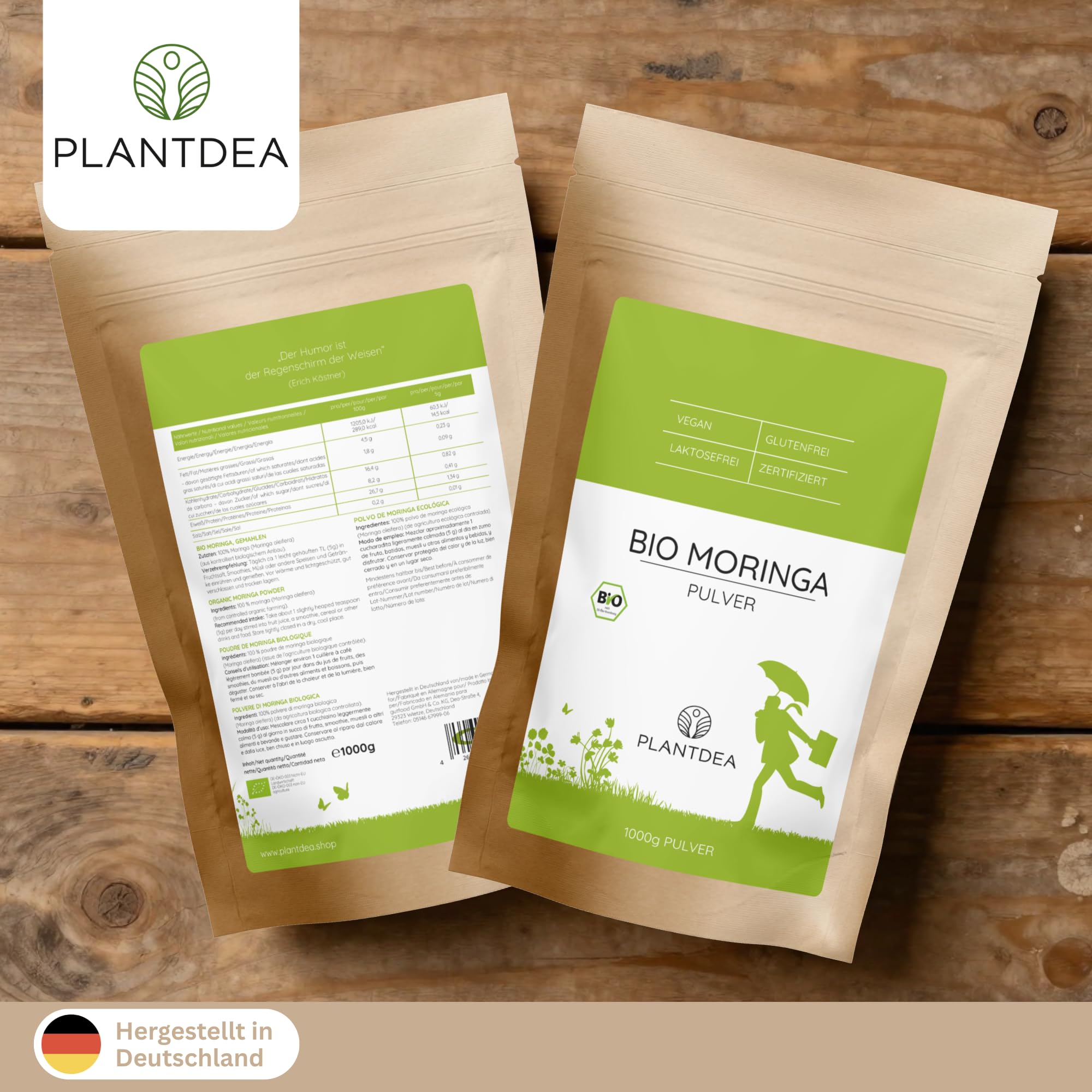 PlantDEA I Polvo de moringa orgánico (1000 g) I 100% polvo de moringa orgánico I rico en vitaminas, minerales y antioxidantes I ideal como fuente de proteína vegetal