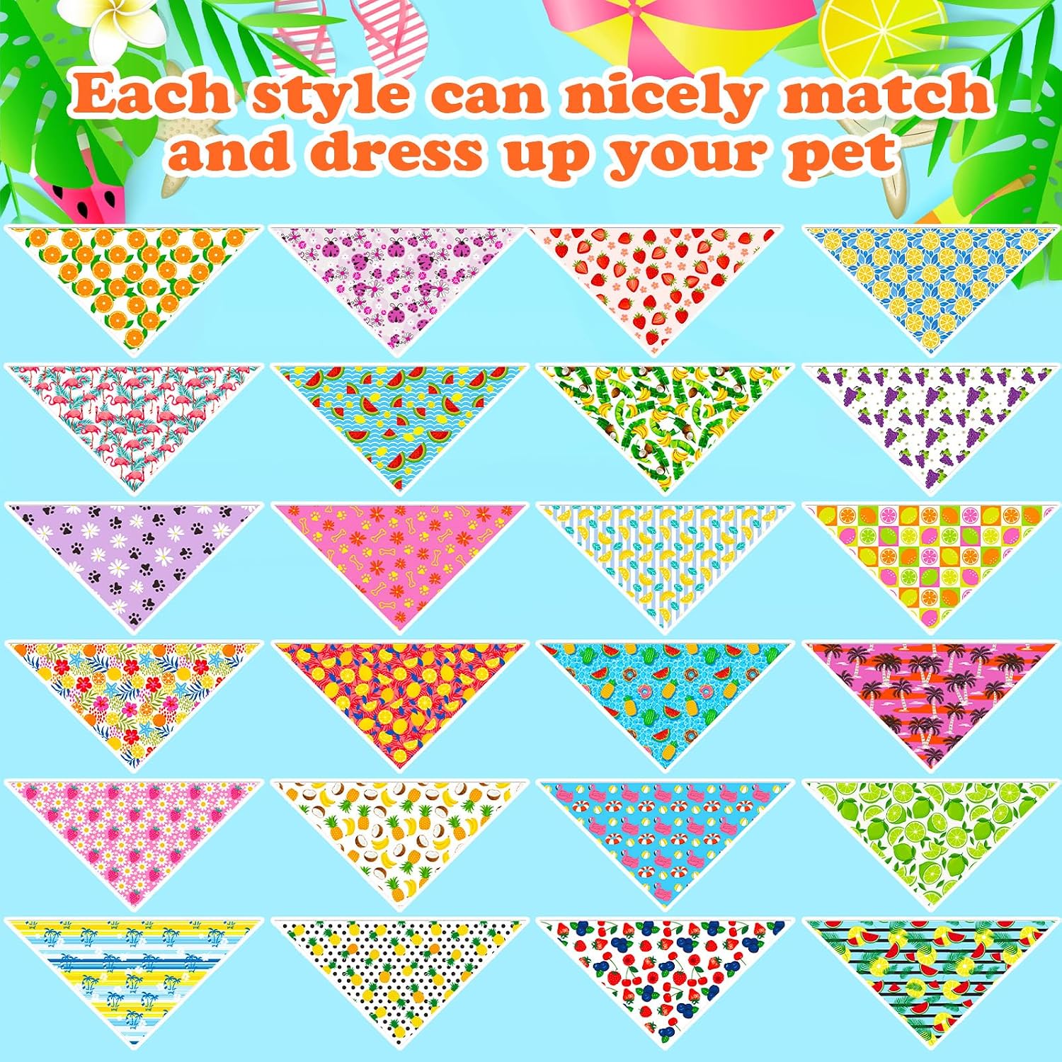 Hillban 72 Pcs Dog Bandanas Bulk Fruit Dogs Bandanas Hawaiian Pet Scarf Soft Dogs Triangle Scarfs Beach Pet Kerchief Scarf Bib for Tropical Costume Accessories Decoration, Small and Medium Pets