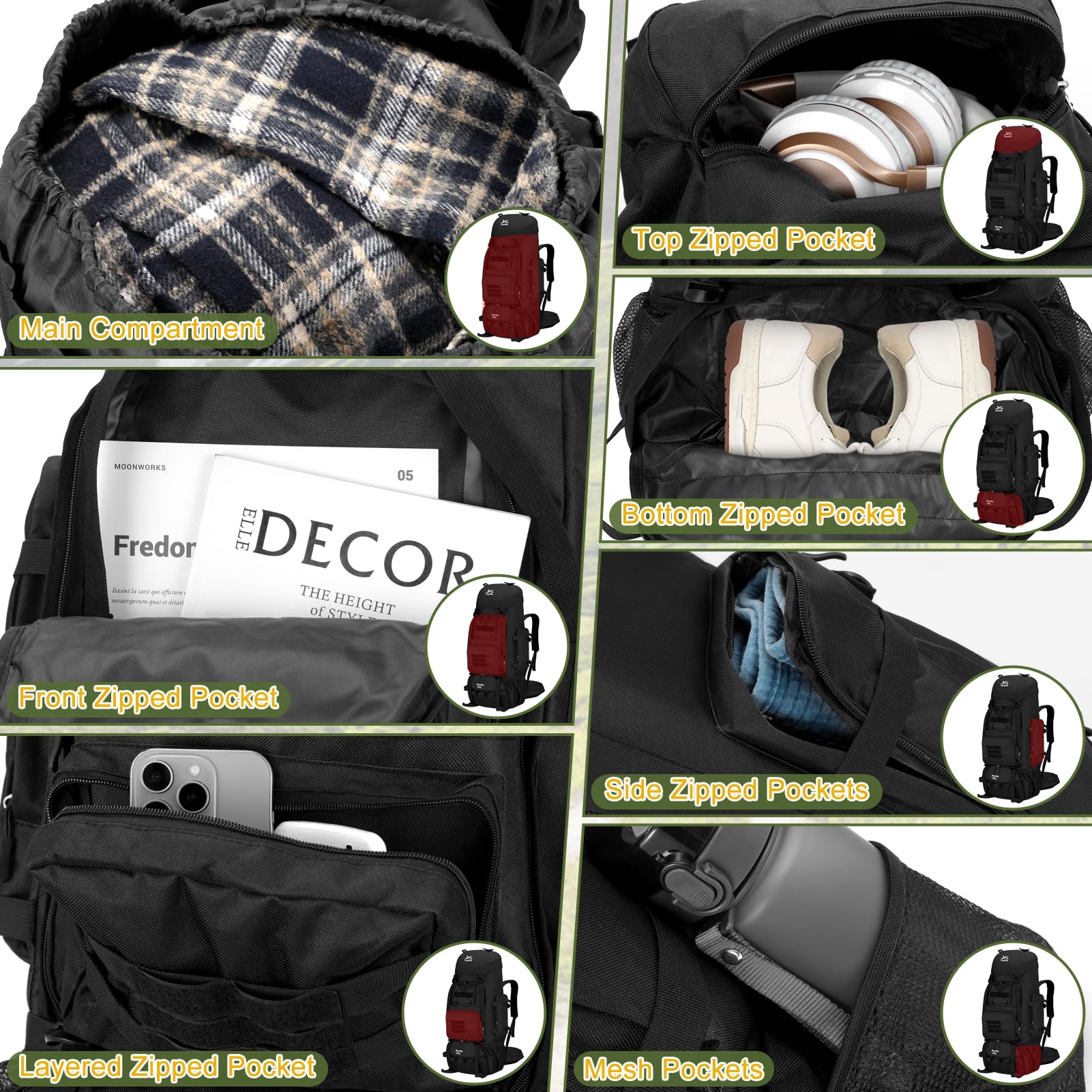 Zaino da Trekking 100 Litri, Zaino da Hiking Impermeabile e Leggero Zaino Sportivo Zaino da Escursioni Zaino da campeggio per esterni Arrampicata Viaggio campeggio Ciclismo Sport
