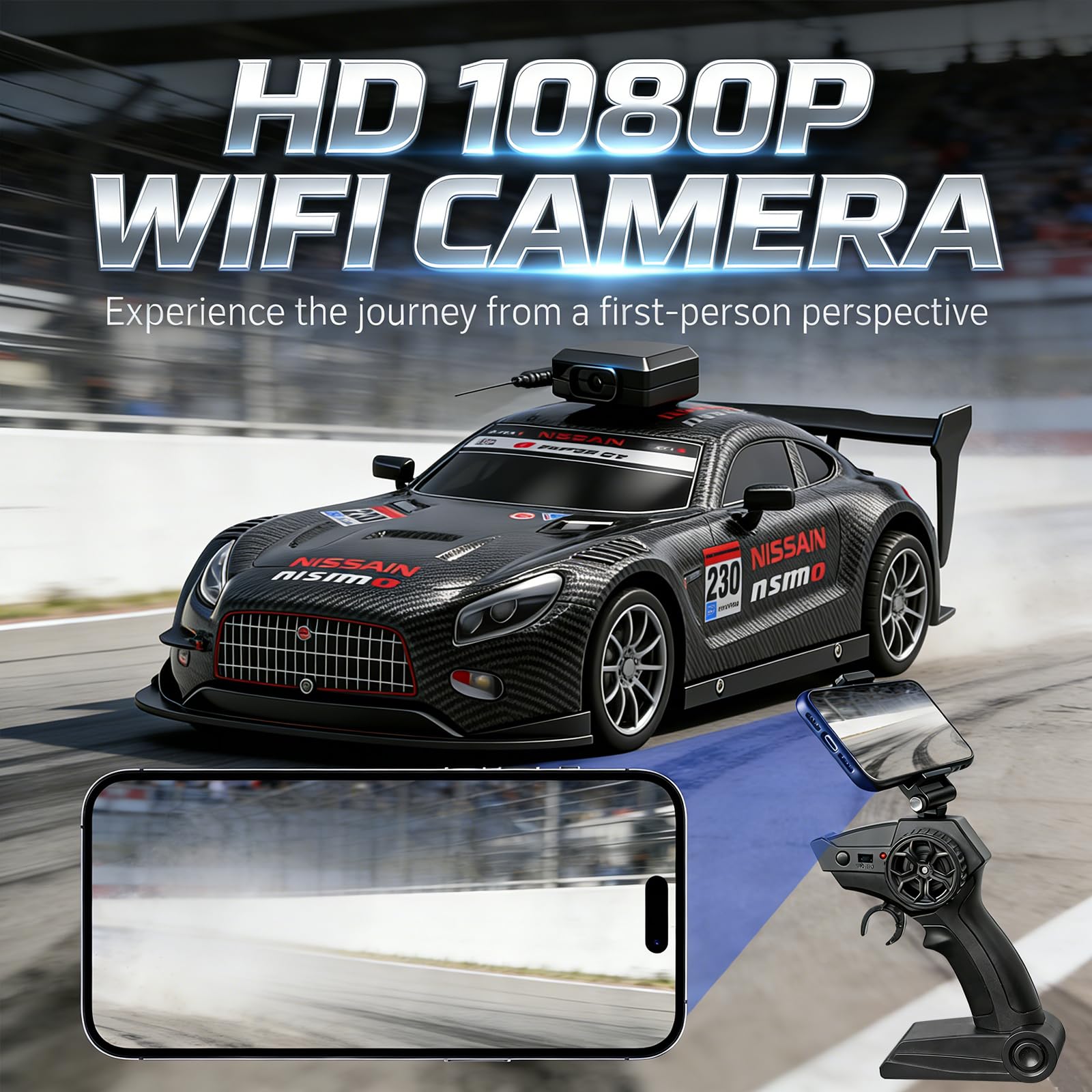 Coche Todoterreno Teledirigido 2.4G con Cámara,1:16 Coche de Carreras de Juguete de Alta Velocidad con Pulverizador y Faros, Transmisión Gráfica en Tiempo Real por WiFi, RC Car