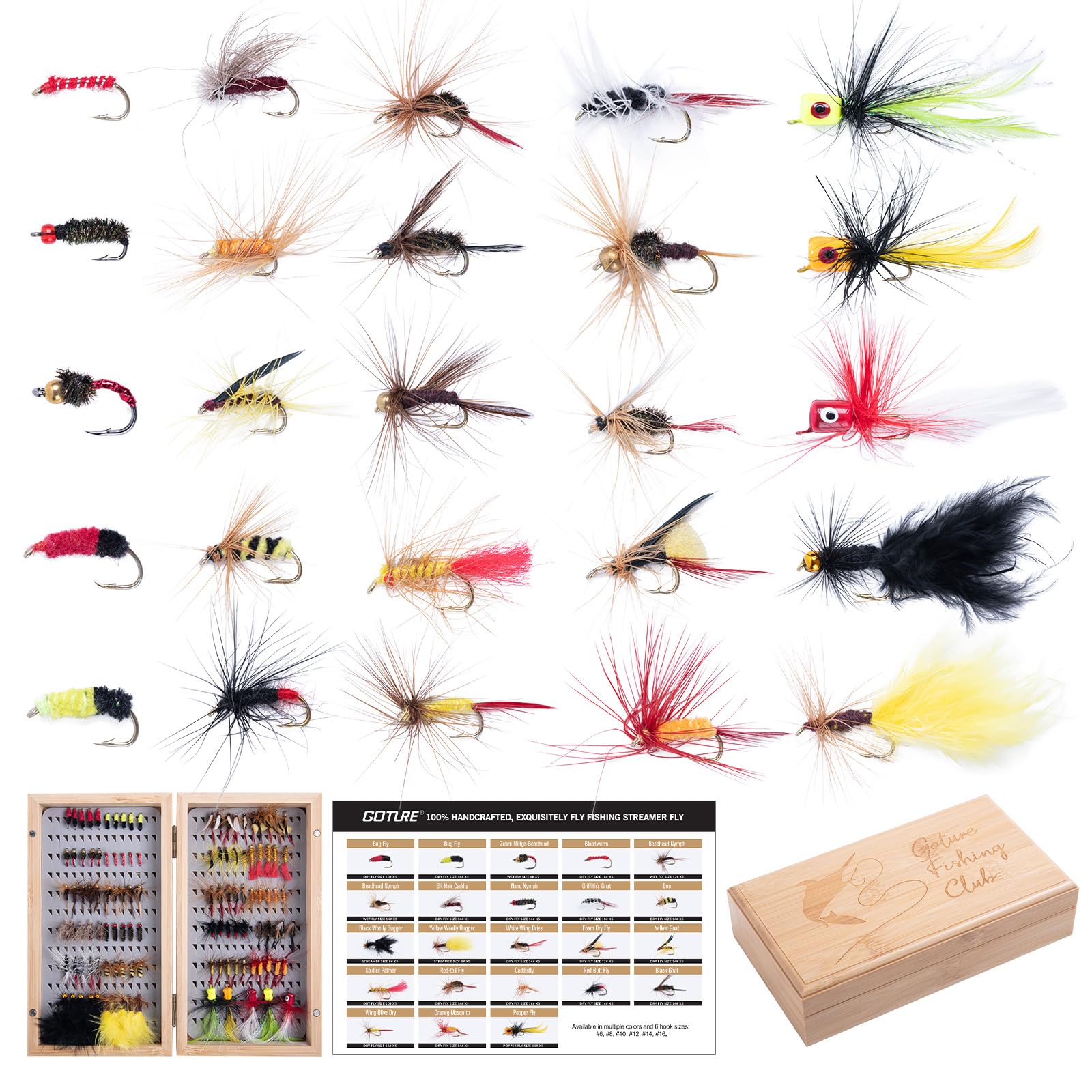 Goture Fly Fishing Flies Kit, 54pcs Dry Wet Flies Streamers Nymphs with Wooden Fly Box, Bass Trout Steelhead Salmon Lures Set Assortment Kit, Gifts for Men