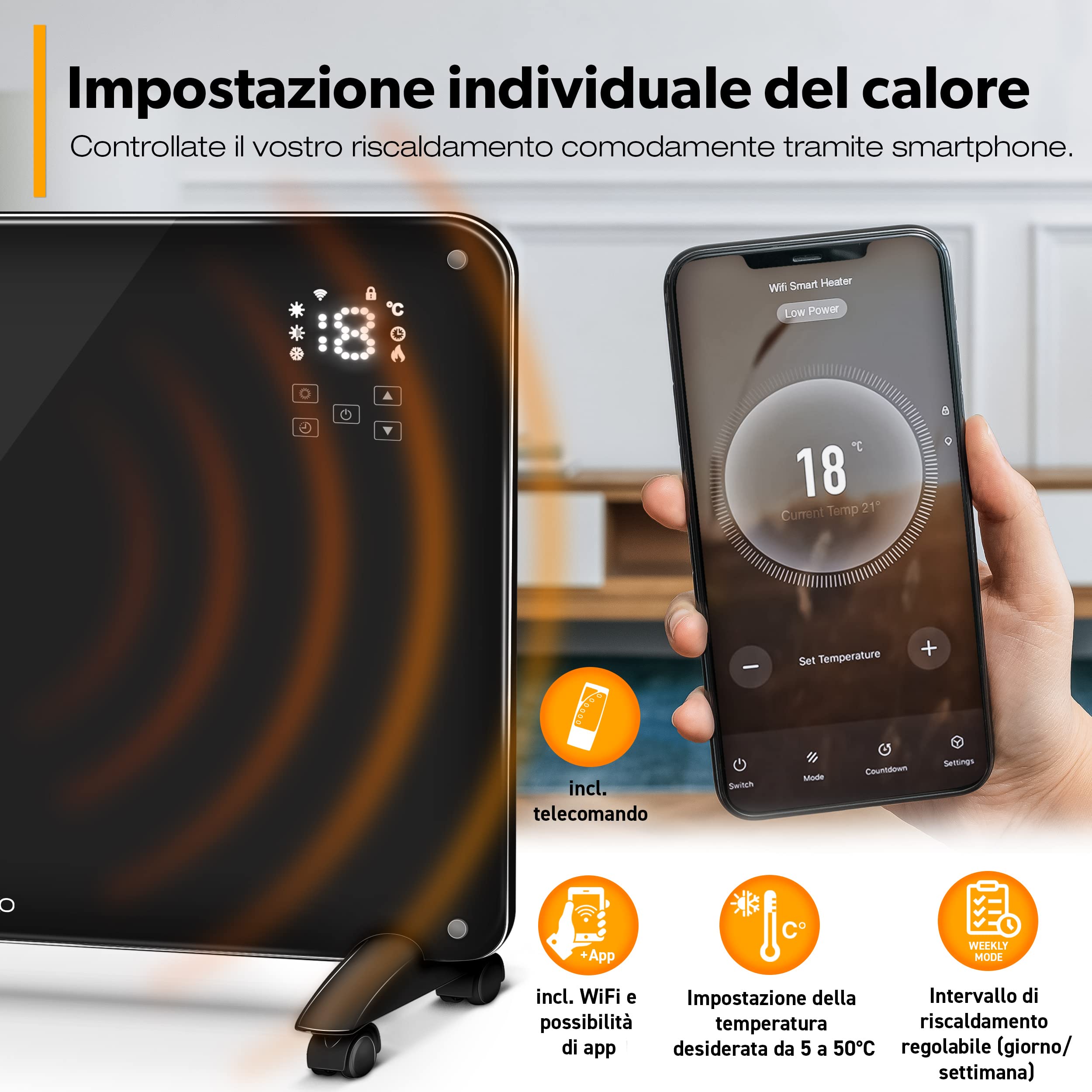 TRESKO Termoconvettore in vetro da 2000 W, APP WiFi, riscaldatore elettrico con telecomando, termoconvettore in vetro Touch e display LCD, riscaldamento elettrico a pavimento o a parete (nero)