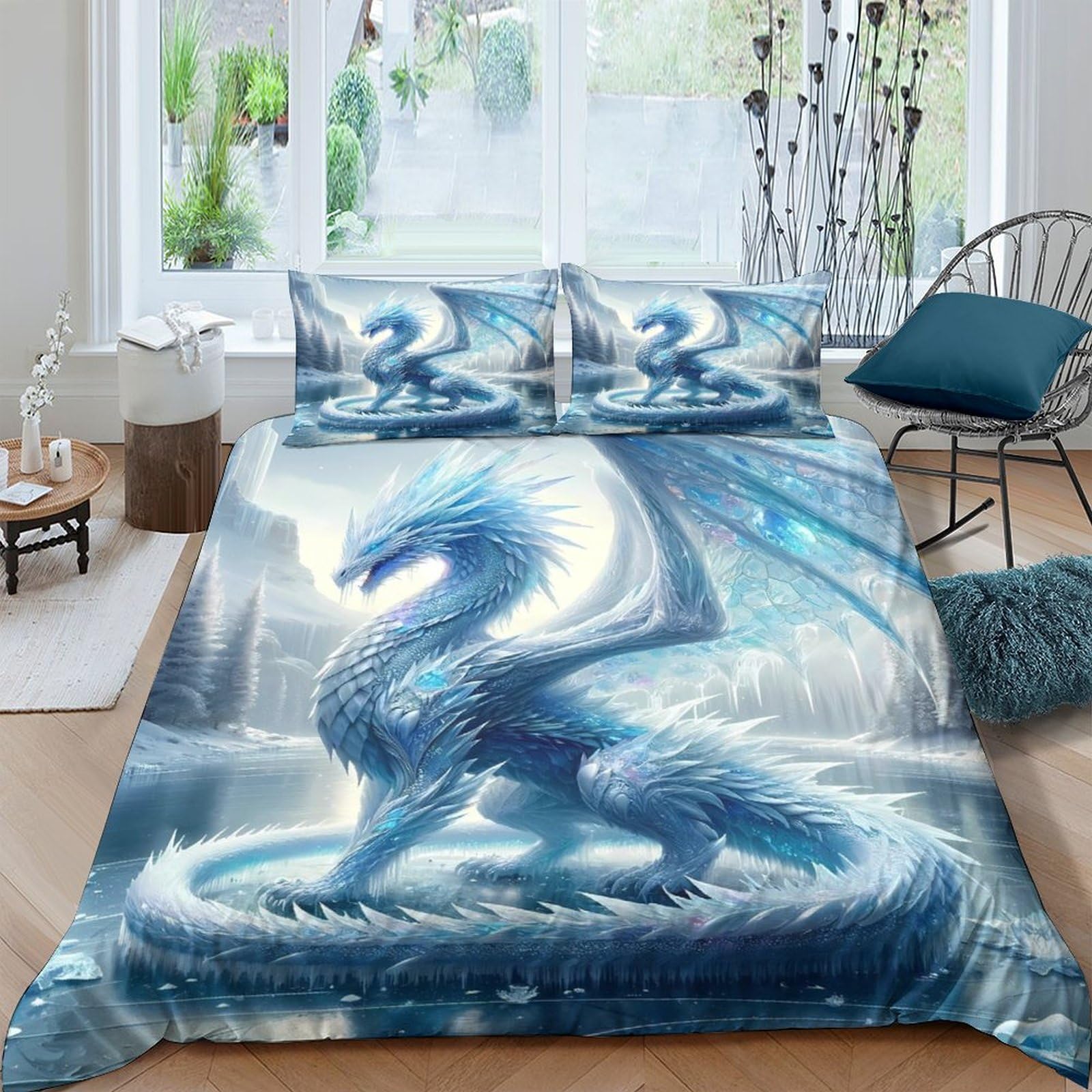 Ctjqhvkz Style-7 3D Printed Ice Blue Dragon Fitted Sheet Microfiber Soft Breathable Fantasy Forest Mattress Cover Bedroom Decor Single（135X200cm）