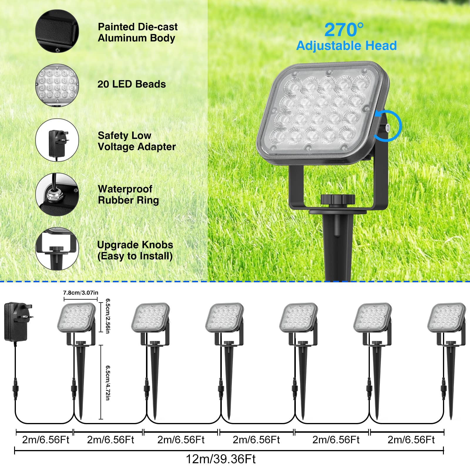 T-SUN 6-in-1 Garden Spot Lights Mains Powered,12V 24W RGB LED Garden Spike Lights with Remote & App Control,IP65 Waterproof Outdoor Spotlight,39.36FT Cable Landscape Spot Lights for Lawn Yard Pathway - Image 3