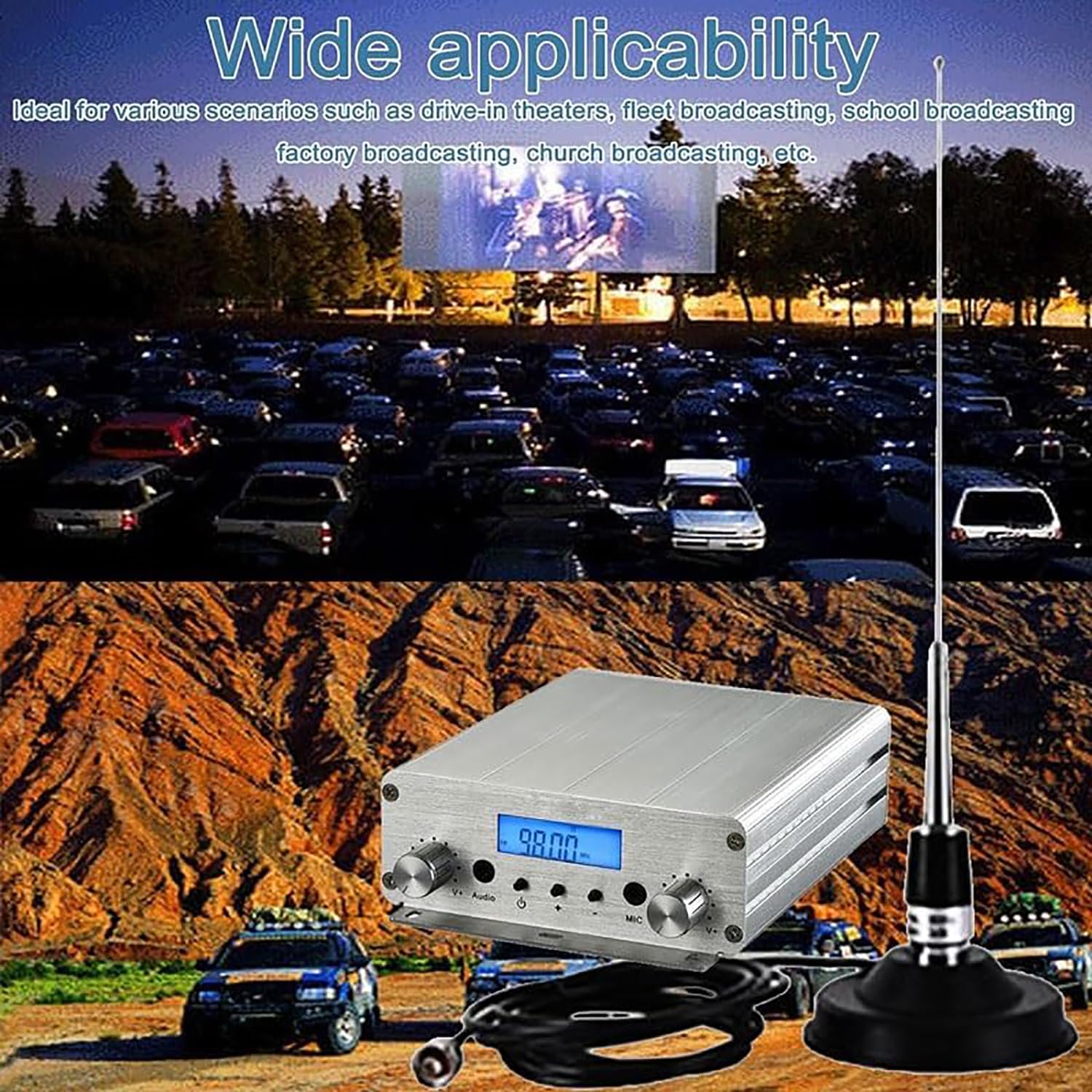 Transmisor FM de 15 W, transmisor de transmisión FM de Largo Alcance de 87-108 MHz con Conector de micrófono de 3,5 mm, para autocine, estacionamiento de Iglesias, Eventos de supermercados