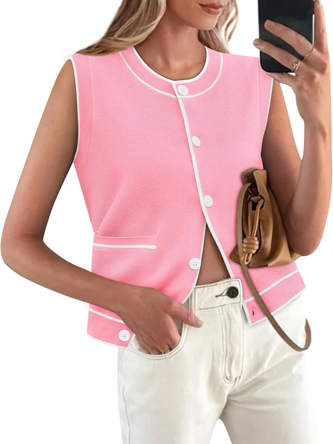Yousify Womens Knit Tank Tops 2025 Summer Sleeveless Sweater Vest Round Neck Button Down Casual Cardigan with Pockets