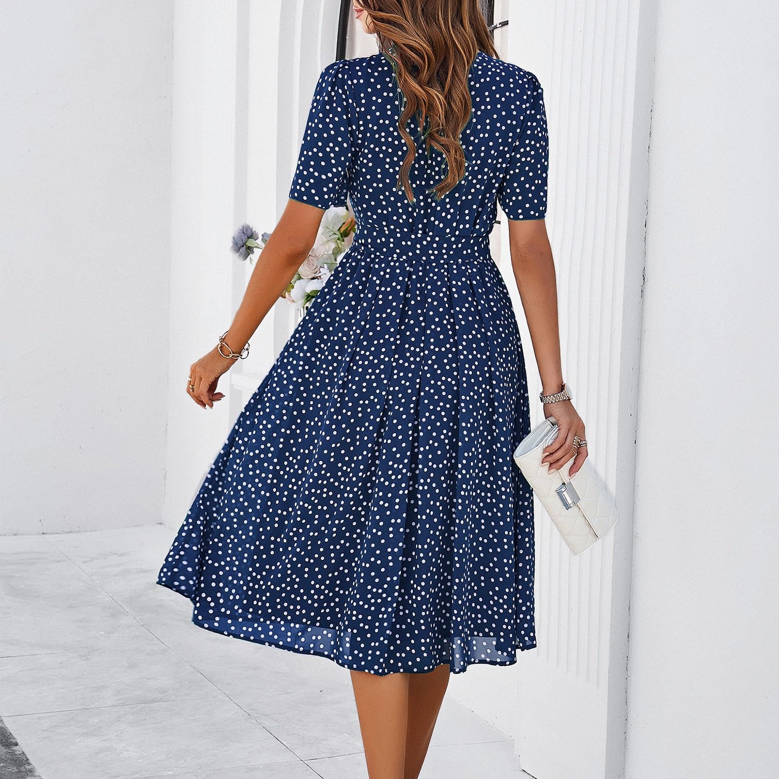 Midikleid Damen Sommer Punkte Chiffonkleid Elegant A Linie Sommerkleid Frauen Midi Kurzarm Italienische Kleider Gepunktet Kleid Chiffon Mit Gürtel Sommerkleider Leicht Und Luftig Partykleid