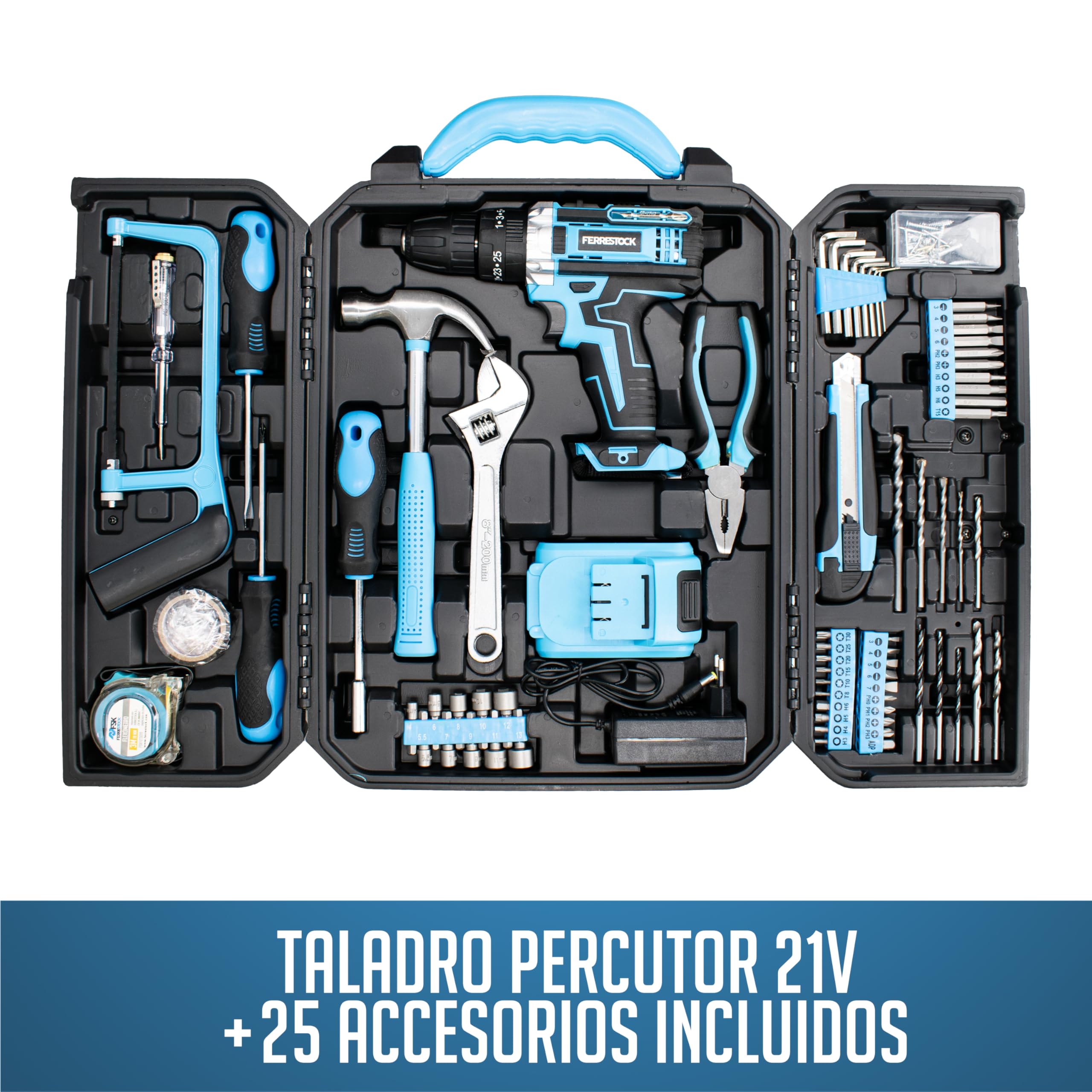 Ferrestock Bricoset FSKTAB101PLUS Taladro percutor 21V a batería con herramientas y accesorios para la mayoria de trabajos del hogar inclye caja de almacenaje