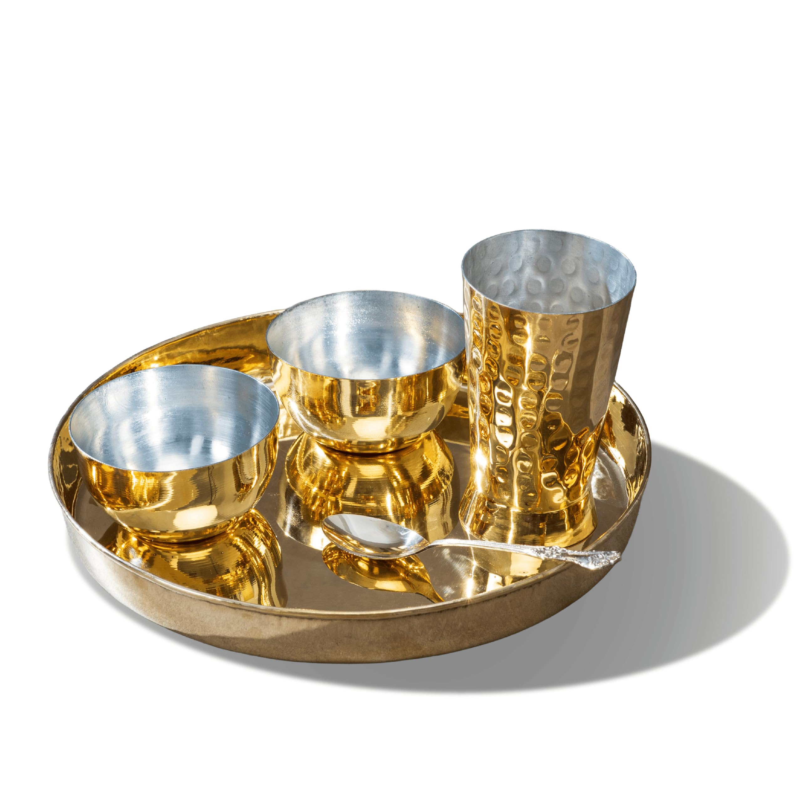 P-TAL Brass Dinner Set, 5 Pieces: 1 thaali (11"), 2 Katoris or Bowls 1 Glass, 1 Spoon, peetal Dinner Set
