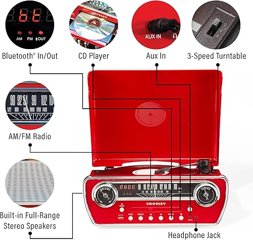 Miniatura 2 de Crosley CR6047A-RE Powel - Reproductor de discos de vinilo Bluetooth 7 en 1 con radio AMFM, reproductor de CD y entrada auxiliar, rojo