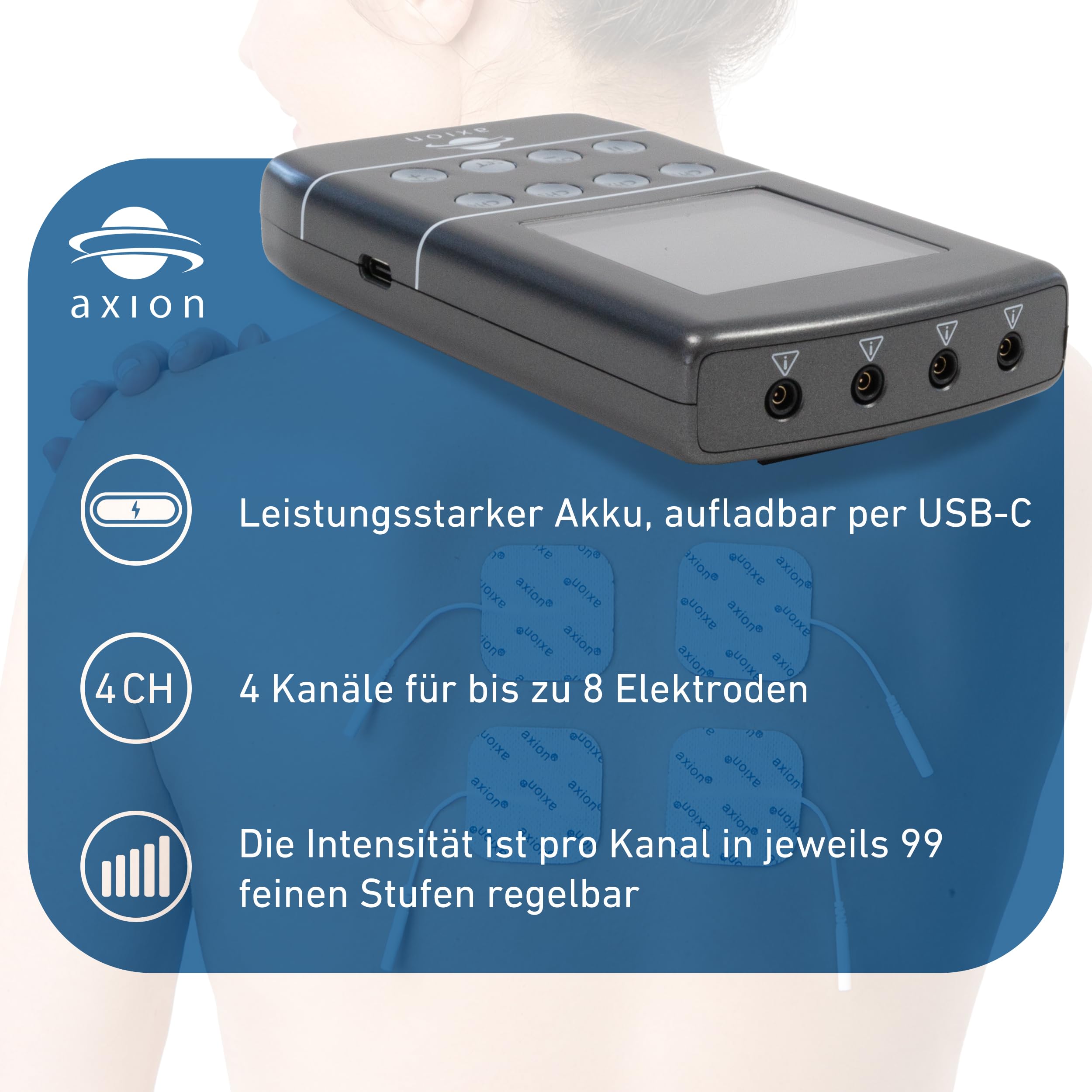 axion® TENS-EMS Kombigerät STIM-PRO X9B. Medizinprodukt MDR Zertifiziert | 4 Kanäle im Set mit 8x 5x5cm, 4x 10x5cm, + Spezial Elektroden-Pads & Kontaktspray. Schmerztherapie, Muskelaufbau & Massage