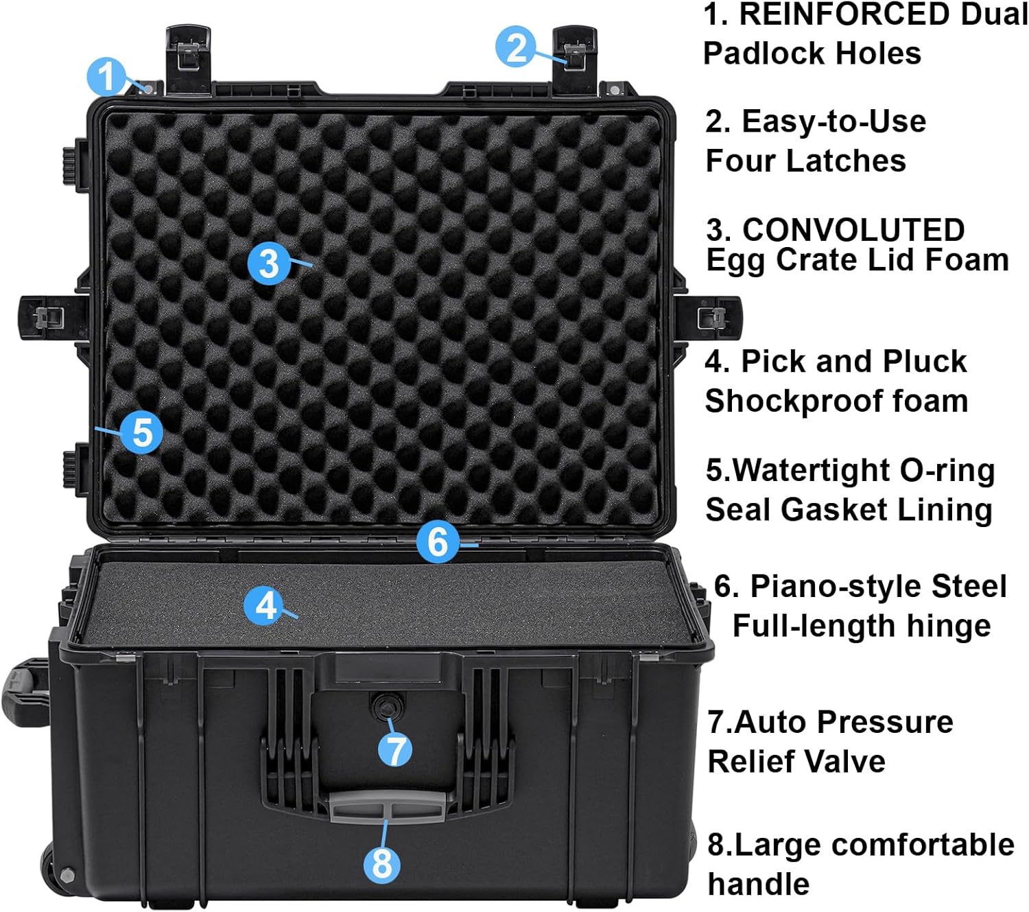 Rolling Hard Case with Foam,26 x 20 x 13 Inch, Equipment Case with Wheels and 4 Handles for camera, Drone,tool, electronics,Shockproof, Waterproof, TSA Friendly, Inner 22.64"X 16.73"X9.84" - Image 4