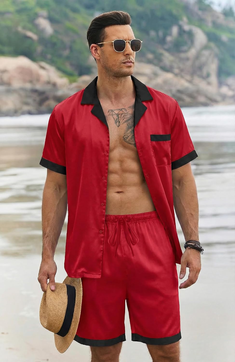 Ekouaer Men Satin Silk Pajamas Set with Pockets Sleepwear Shorts Satin Summer Loungewear 2 Piece Button Down Set S-3XL - Image 5
