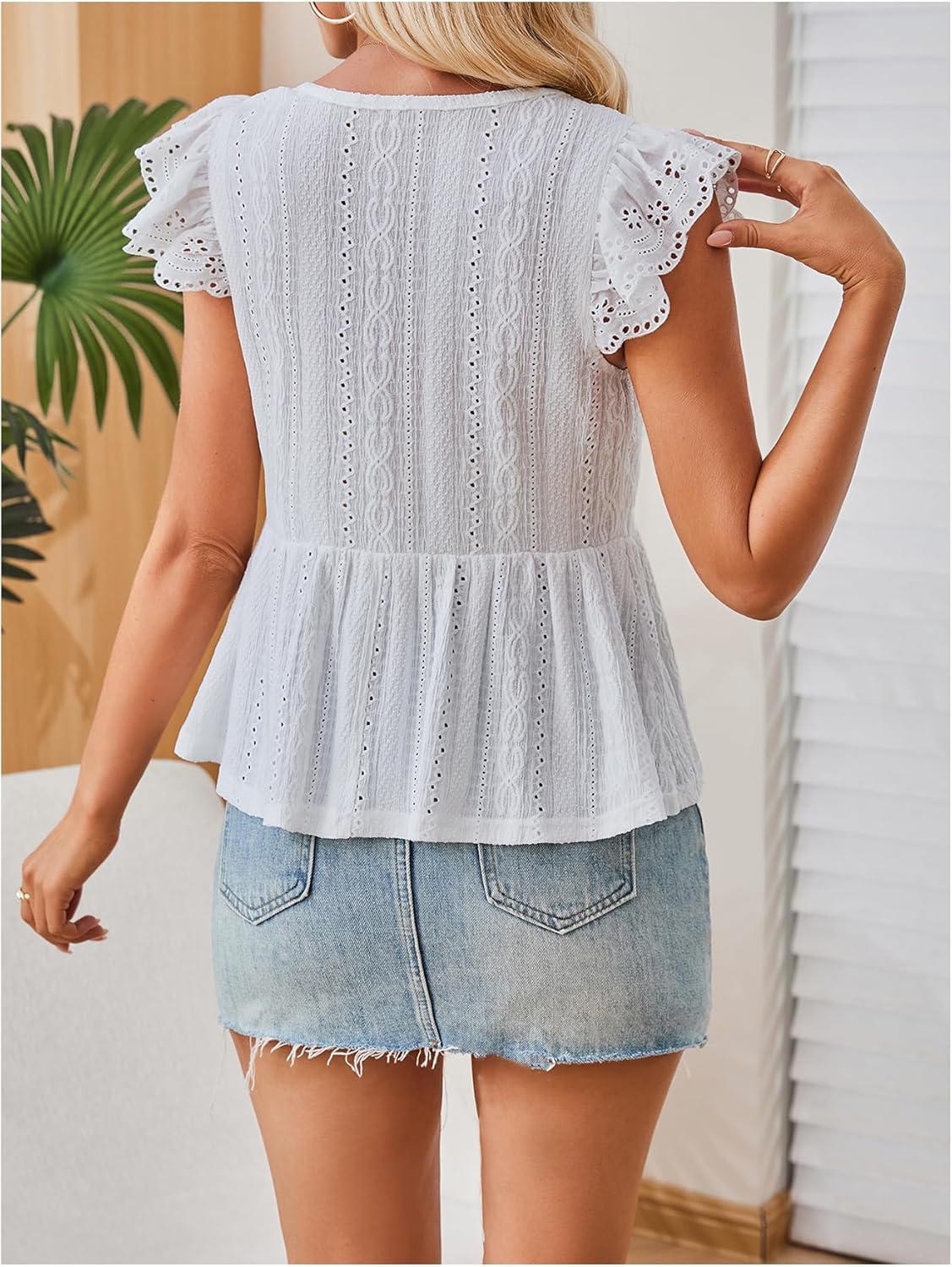 SweatyRocks Women's Summer Short Sleeve Babydoll Tops Ruffle Peplum Eyelet Flowy Top Shirts Going Out - Image 2