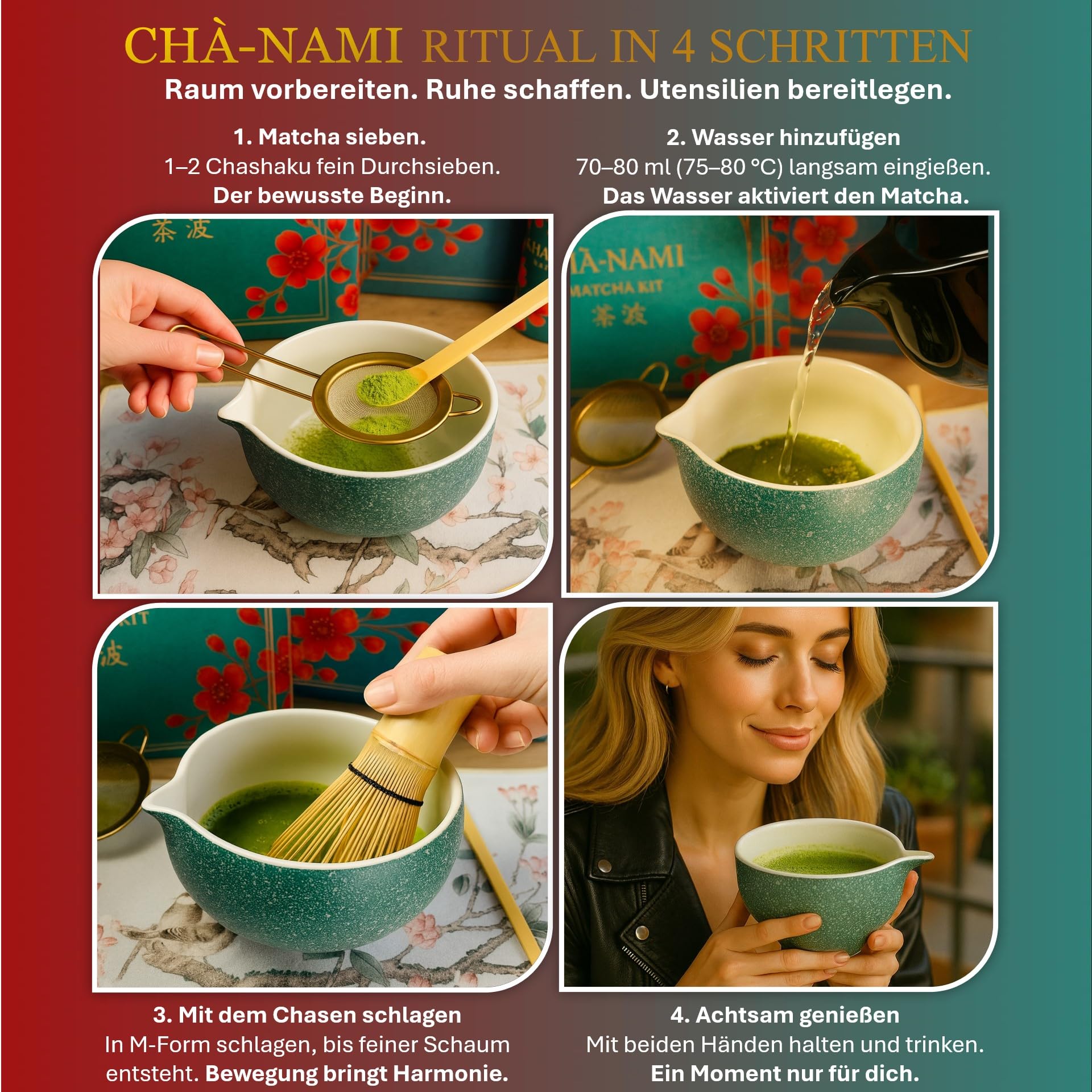 Matcha Set Classic 5-teilig, japanisches Matcha Zubehör Set mit Keramikschale, 100-Borsten-Chasen, Bambuslöffel, Edelstahlsieb und Keramikhalter
