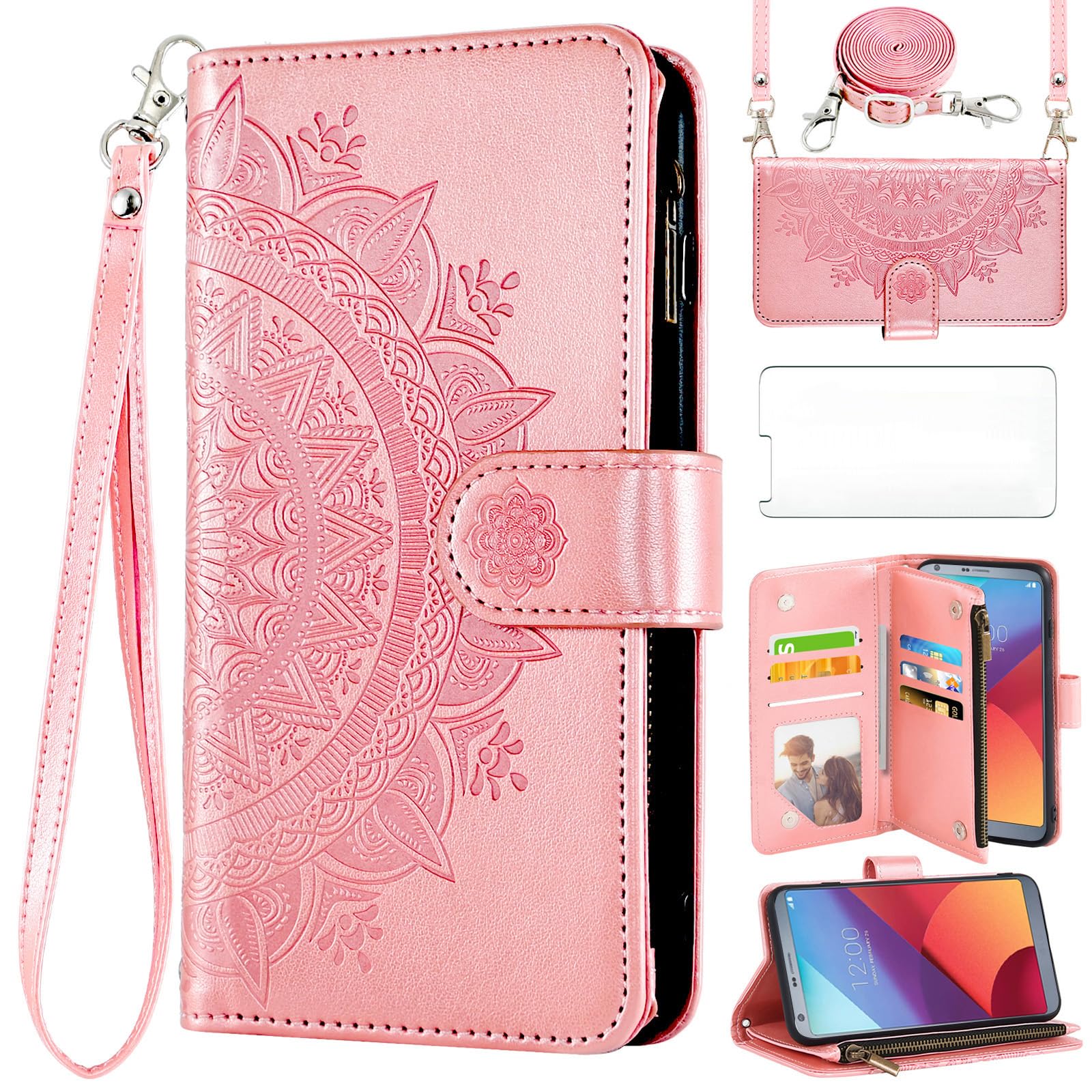 Asuwish Phone Case for LG G6 Wallet Flip Cover with Tempered Glass Screen Protector and Mandala Flower Leather Card Holder Cell LGG6 ThinQ LG6 Thin Q G 6 Plus G6+ 6G VS988 H872 Women Girls Rose Gold