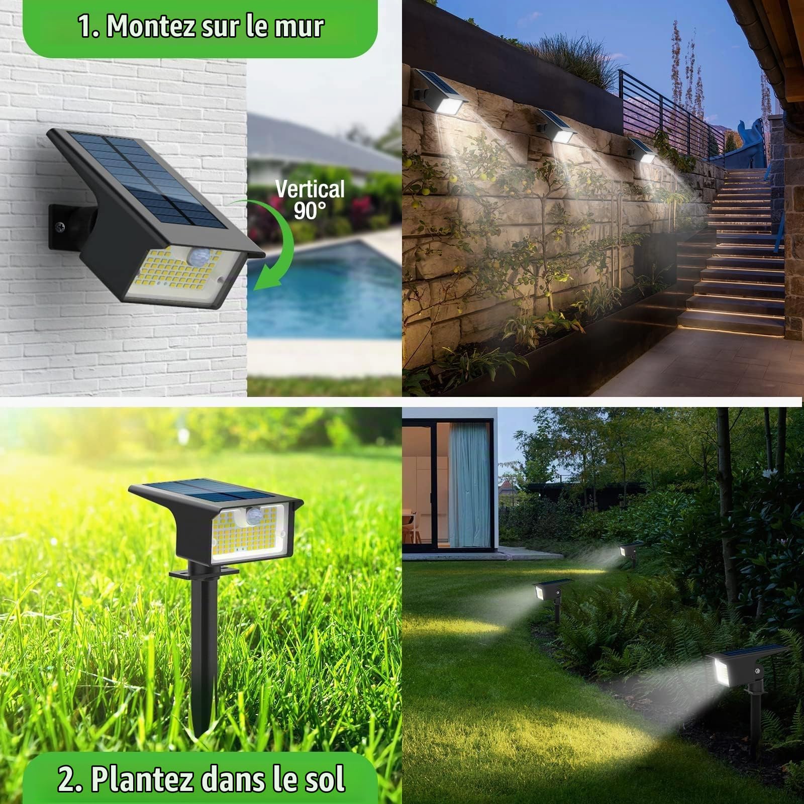 Lot de 6 Lampe Solaire Exterieur Detecteur de Mouvement, 62 LED Spot Solaire Exterieur 3 Modes Eclairage Exterieur Solaire, Etanche IP65 Lumiere Solaire Exterieur pour Jardin Allée Chemin Blanc Froid