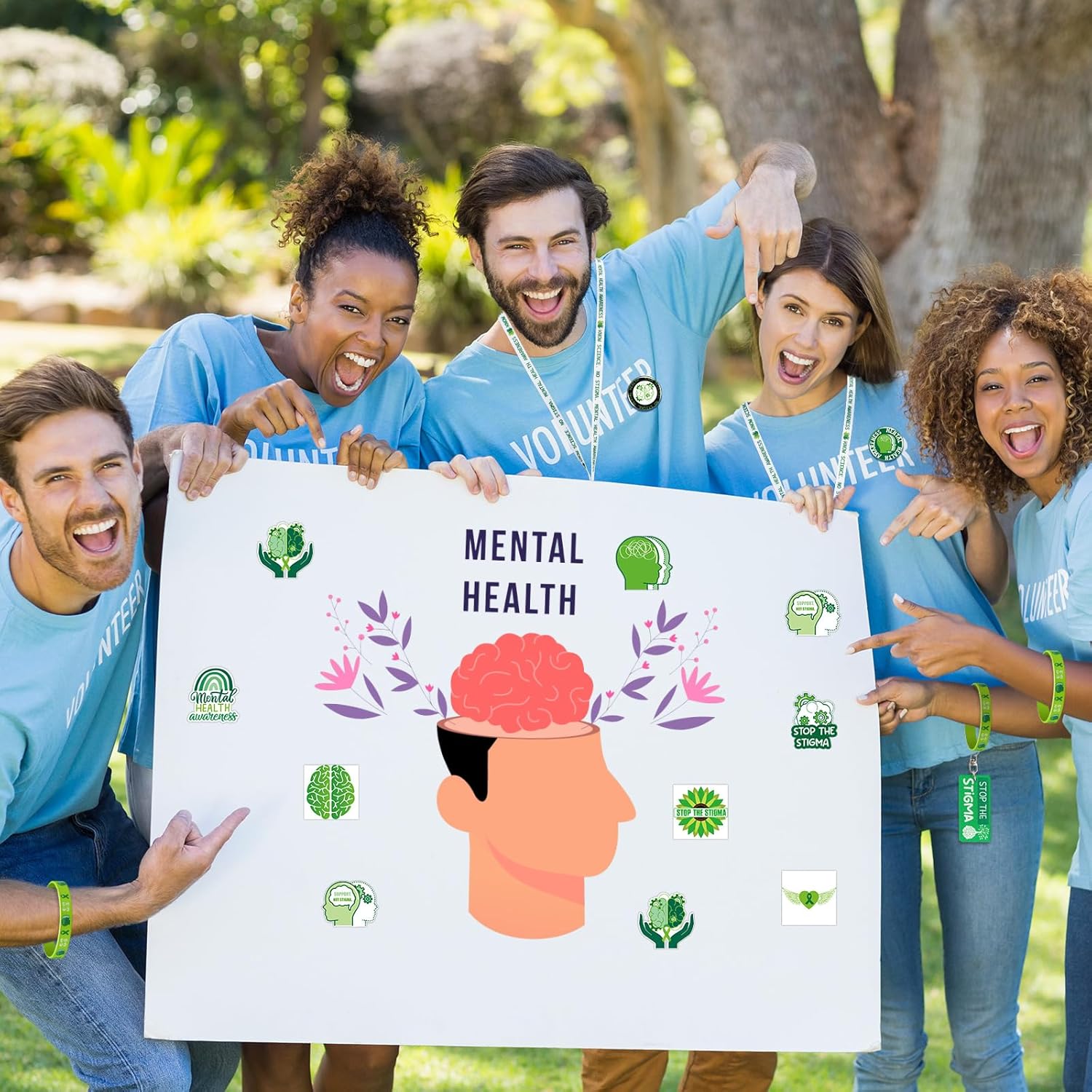 Hollowfly 200 Pcs Mental Health Awareness Items Bulk Green Ribbon Button Pins Stress Football Keychain Stickers Pencils Lanyards Temporary Sticker Wristband Mental Health Gift for Charity Welfare