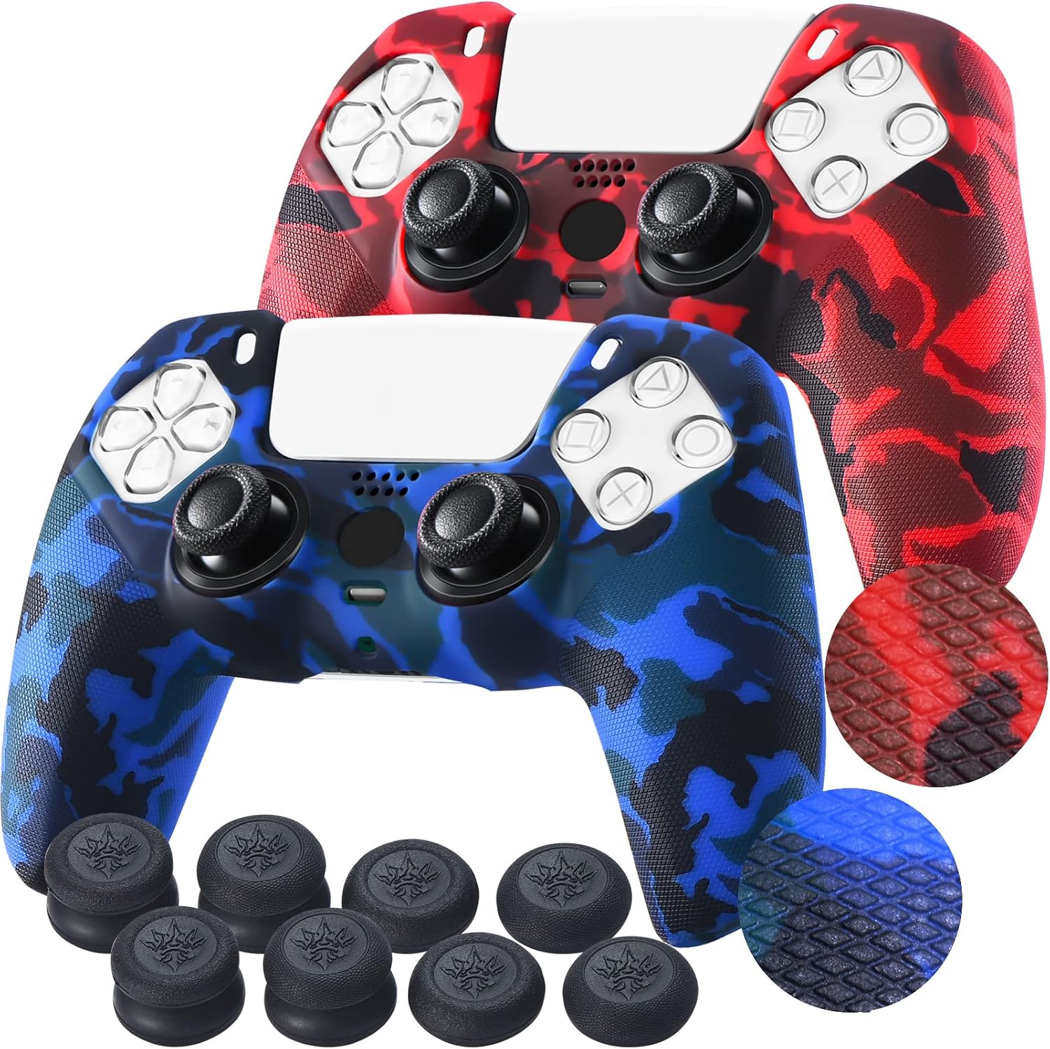 YoRHa Studded Printing Silicone Rubber Customizing Skin Cover for PS5 Dualsense Controller x 2(Red+Blue) with Pro Thumb Grips x 10 YoRHa Studded Printing Silicone Rubber Customizing Skin Cover for PS5 Dualsense Controller x 2(Red+Blue) with Pro Thumb Grips x 10