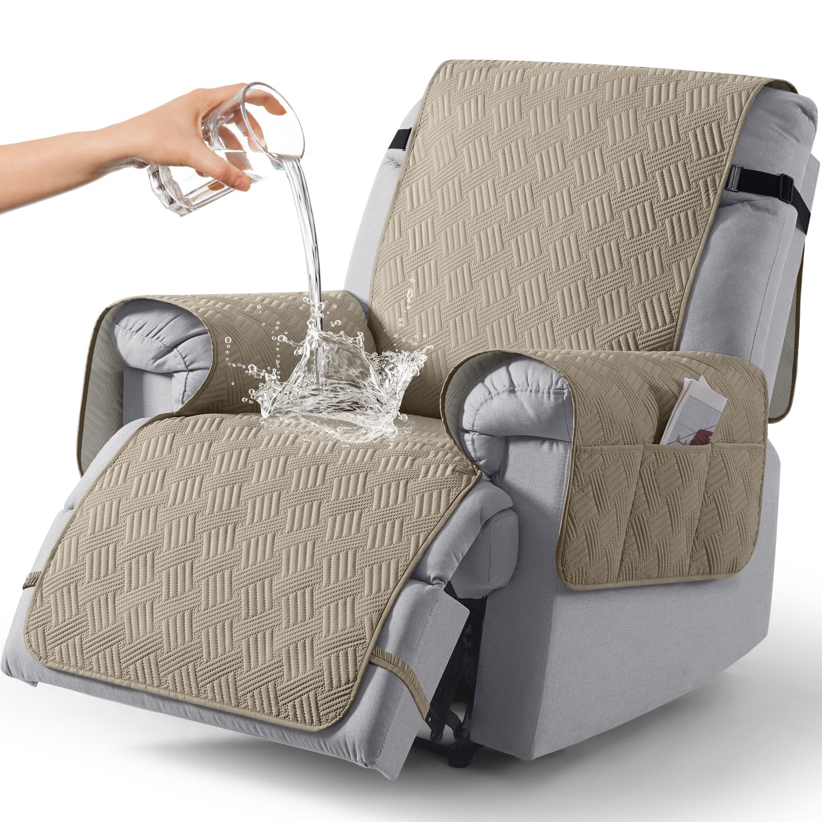 KinCam Housse de Fauteuil Relax étanche avec Poche et Sangles élastiques, Antidérapant Housse Fauteuil Relax pour Chiens et Chats, Douce et Lavable Housse canapé Relax 1 Place Taupe