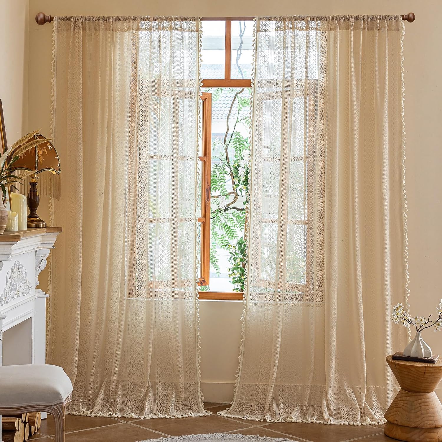 Extra Long Boho Curtains 108 Inches Long 2 Panels, W60 x L108 Inch, Geometric Stripes Crochet Lace Curtains with Tassels for Living Room Rod Pocket Privacy Light Filtering Vintage Sheer Window Curtain