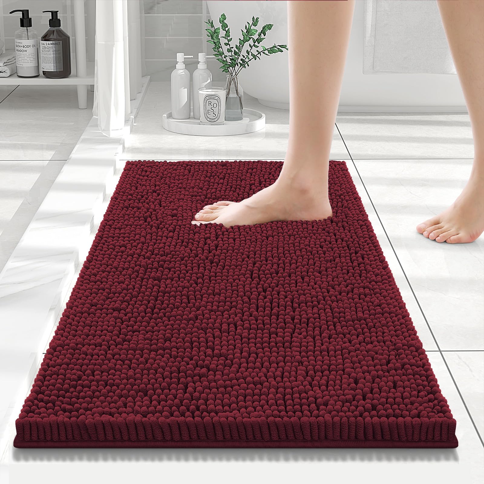 Smiry Luxury Chenille Bathroom Rugs 24x16, Extra Soft and Absorbent Shaggy Bath Mat, Machine Washable, Non-Slip Plush Carpet Runner for Tub, Shower,