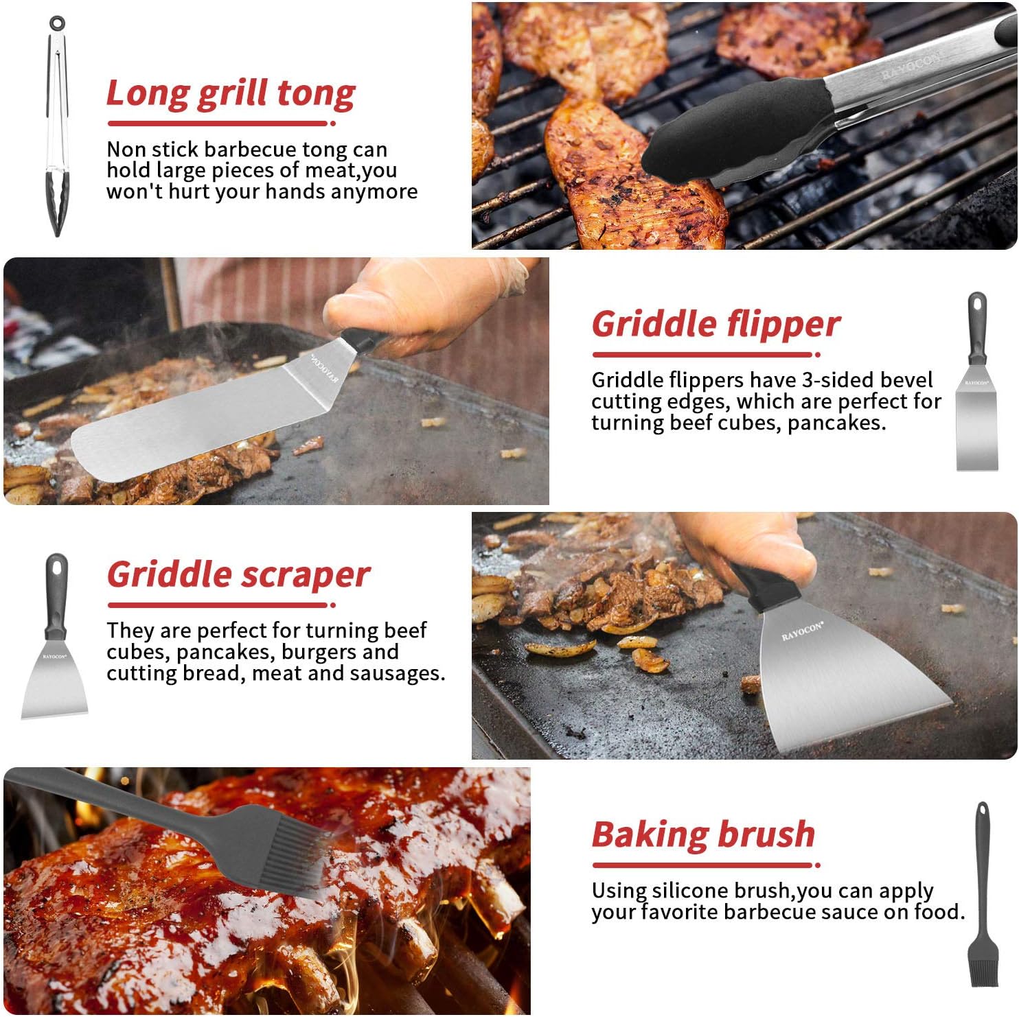 RAYOCON Griddle Accessories Kit 16 Pieces Flat Top Grill Accessories with Spatula Scraper Griddle Tools Utensils Set for Outdoor BBQ,Teppanyaki,Cooking Barbecue and Camping (14 inch)