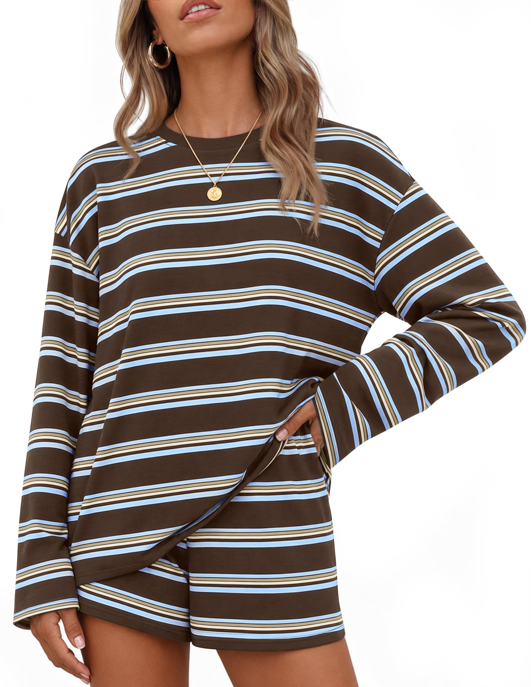 ZESICA Womens 2 Piece Striped Short Sets Fall Lounge Outfit Small Darkcoffee
