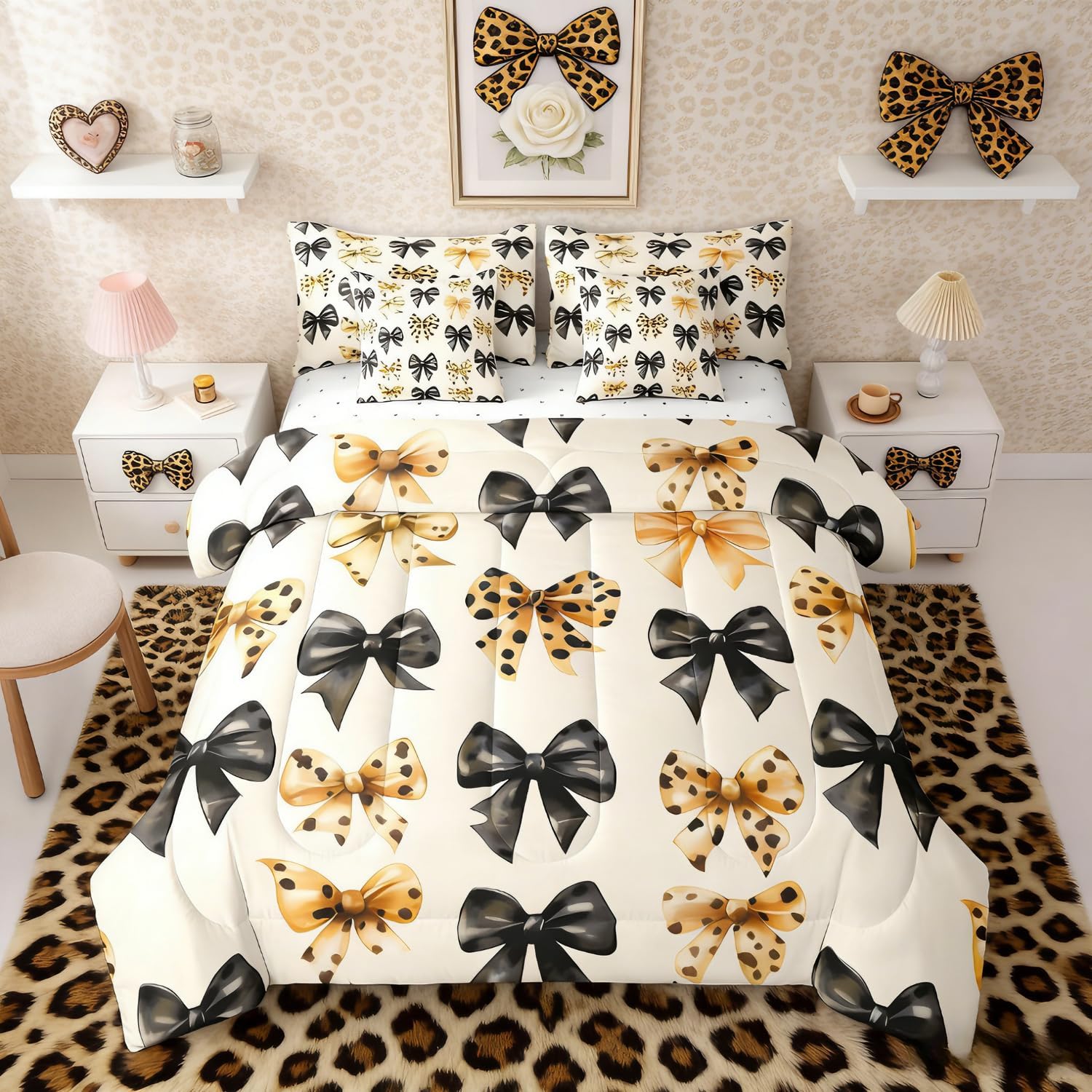 Erosebridal Leopard Print Queen Comforter Set for Girls 7 Pieces, Brwon Black Bowknot Bed in A Bag for Bedroom, Bow Tie Bedding Set with Comforters, Sheets, Pillowcases Coquette Bows Room Decor