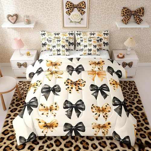 Erosebridal Leopard Print Twin Comforter Set for Girls 7 Pieces, Brwon Black Bow