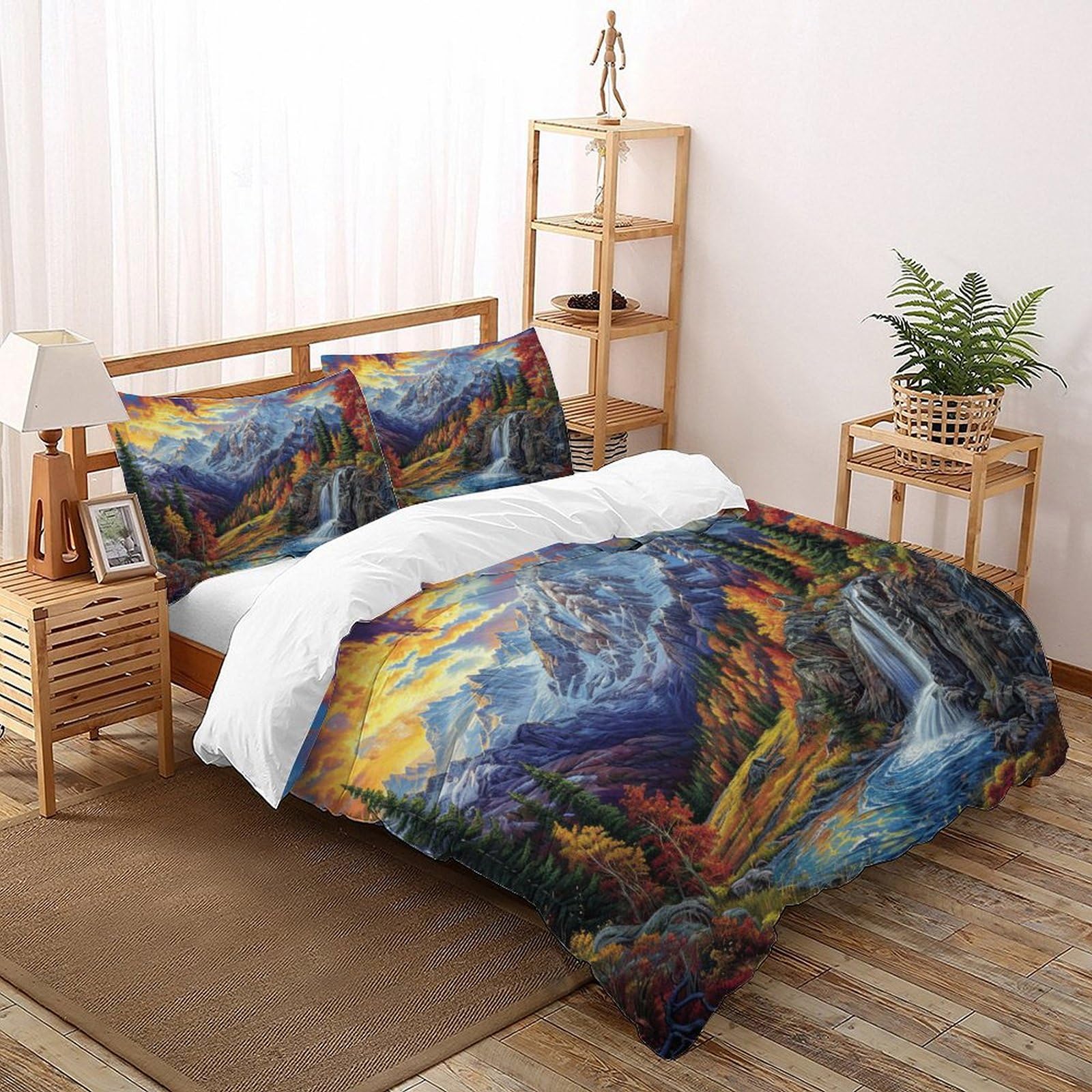 Housse de couette microfibres grand lit adulte avec motif nature et taies